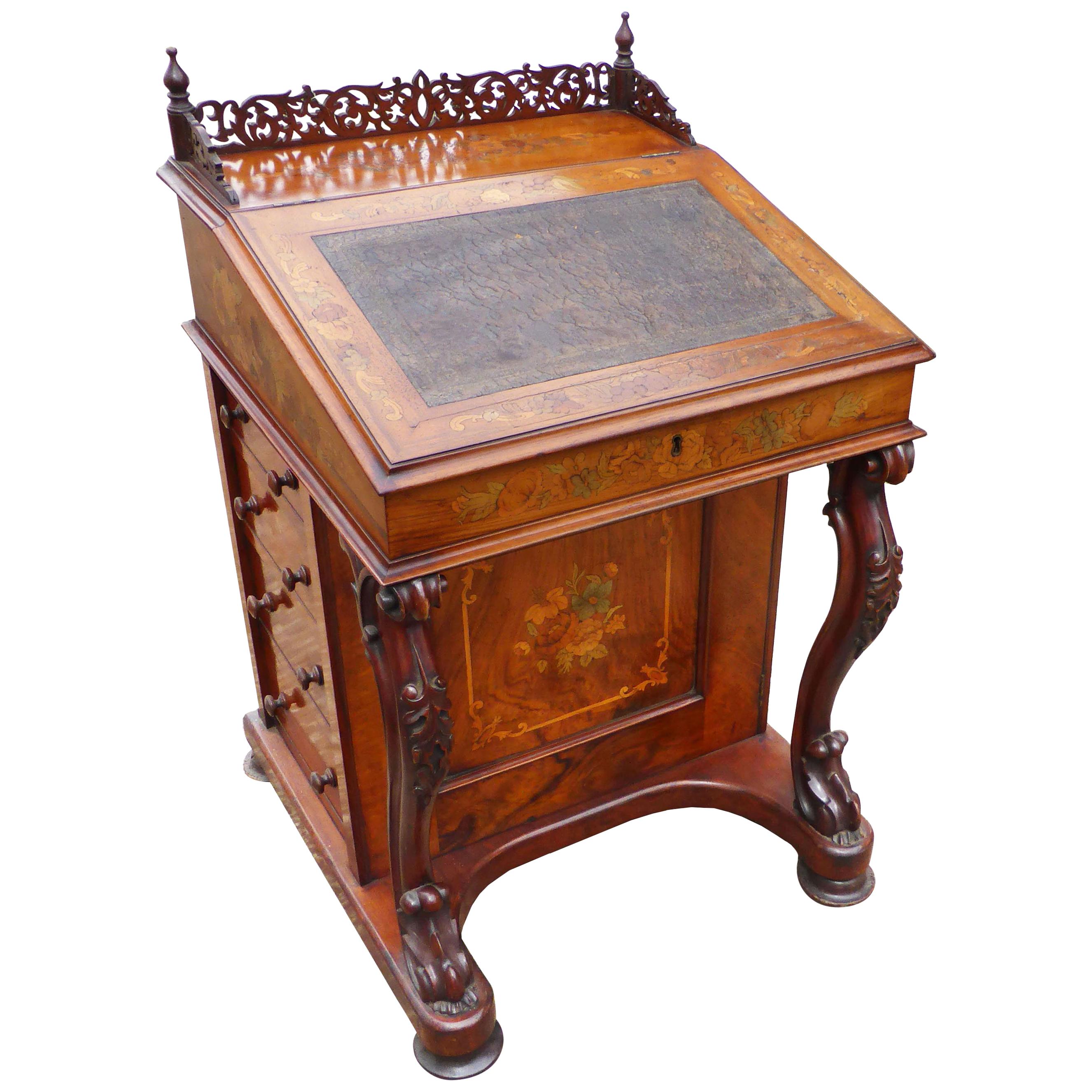 19th Century Victorian Walnut and Marquetry Davenport