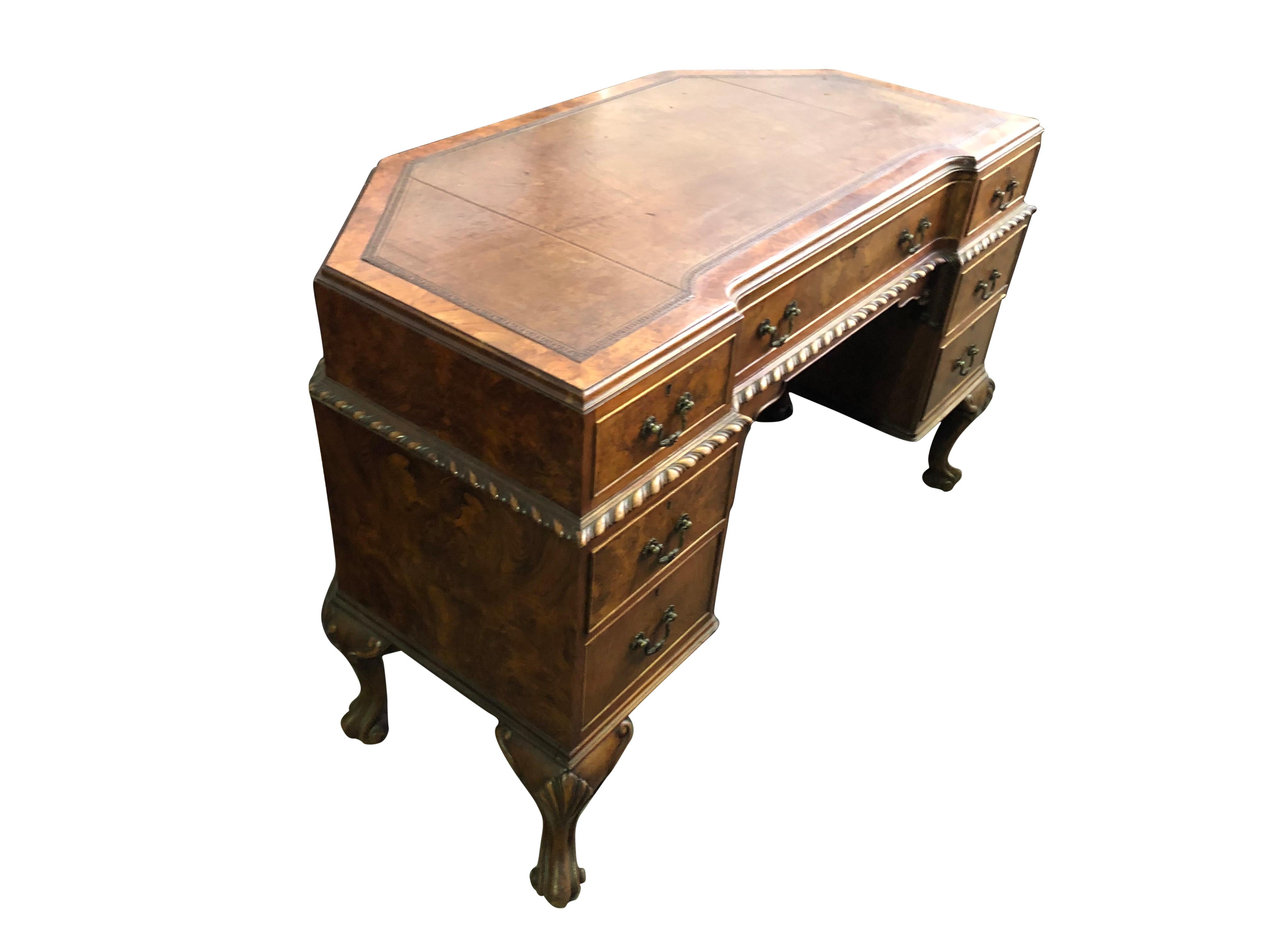 Hand-Carved 19th Century Victorian Walnut Desk with Leather Top