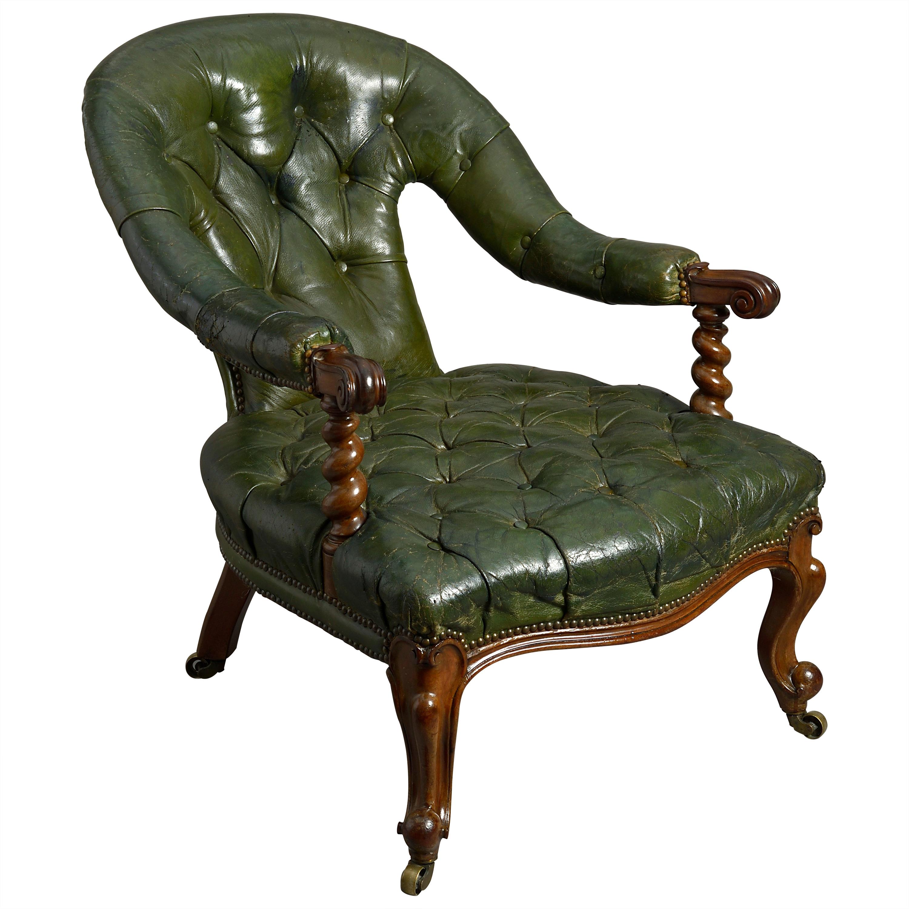 19th Century Victorian Walnut and Green Leather Club Easy Chair
