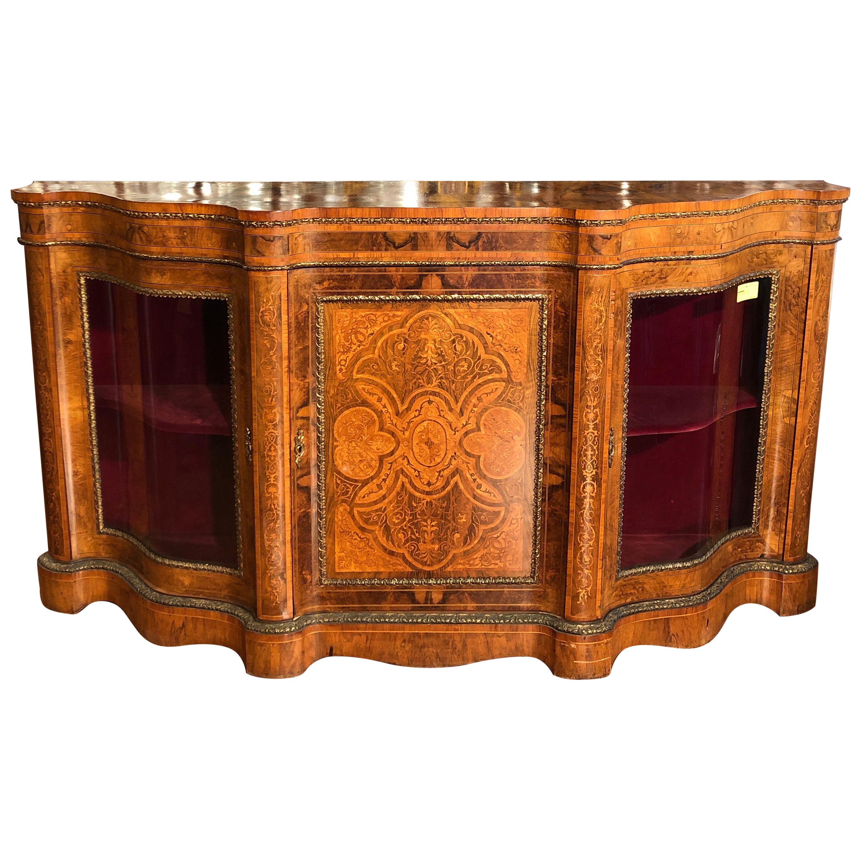 19th Century Victorian Walnut Inlaid English Sideboard Vitrines, 1860s