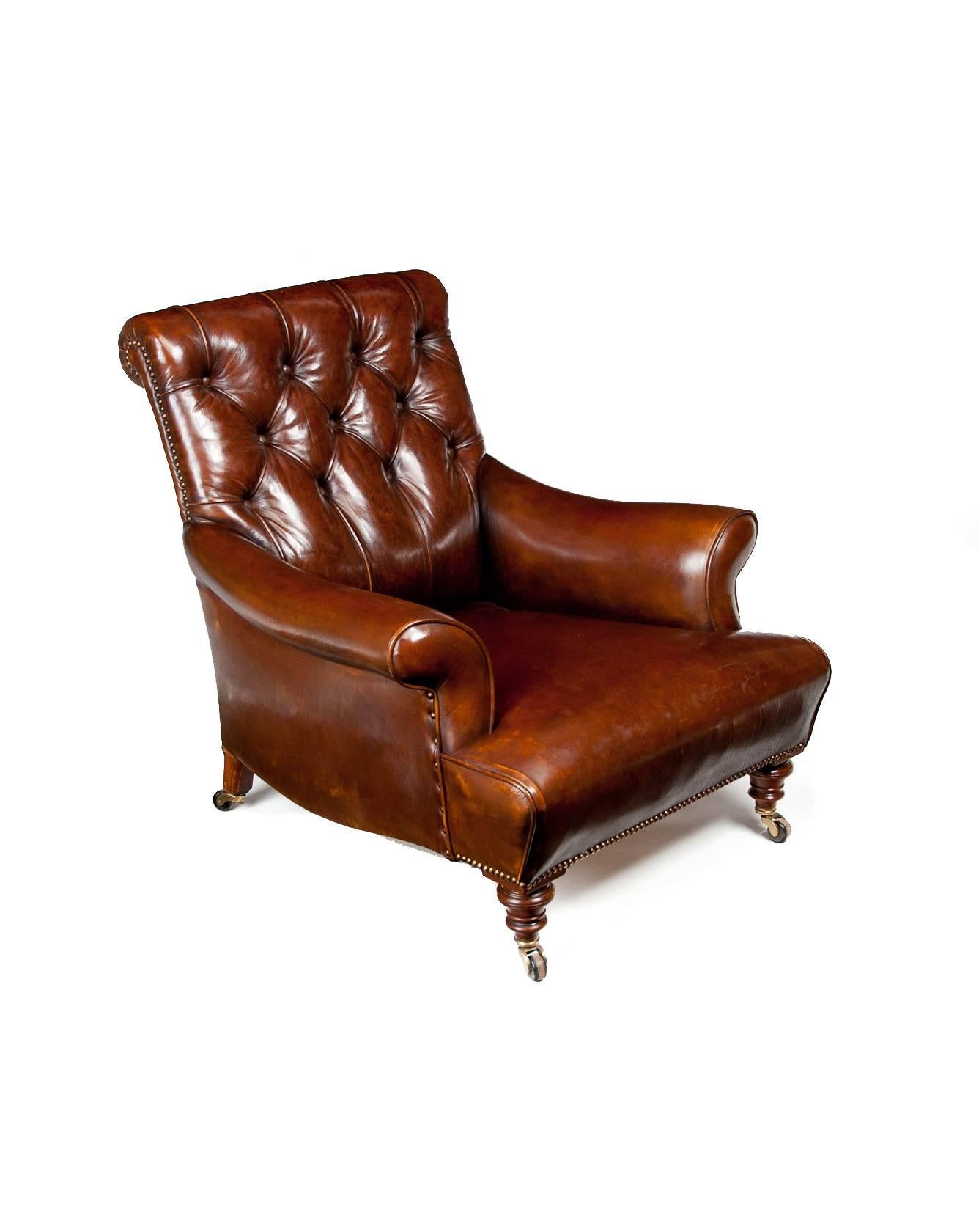 English 19th Century Victorian Walnut Leather Armchair Shoolbred