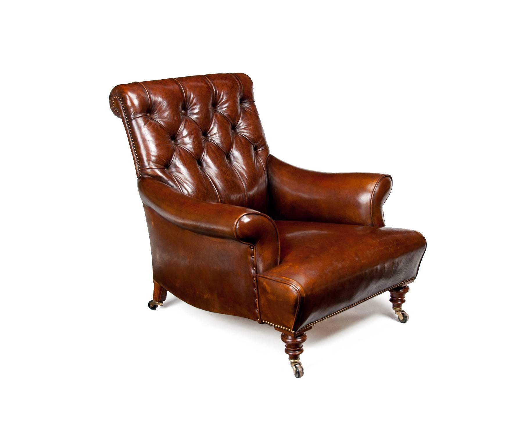 19th Century Victorian Walnut Leather Armchair Shoolbred In Excellent Condition In Benington, Herts