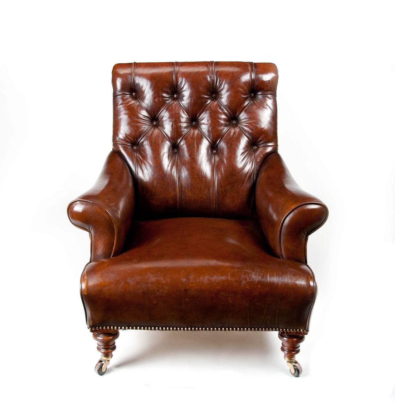 19th Century Victorian Walnut Leather Armchair Shoolbred 4