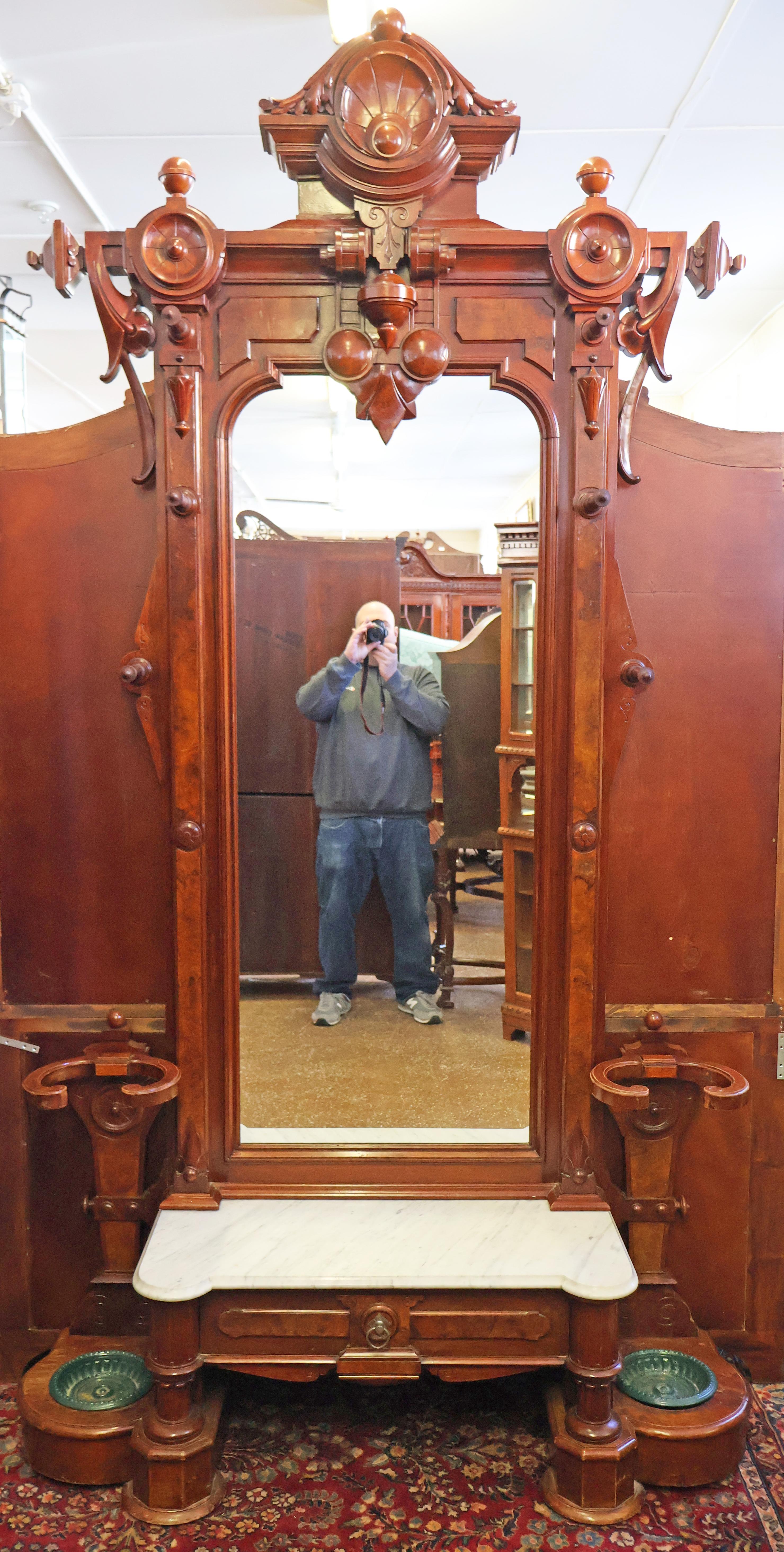 American 19th Century Victorian Walnut Pier Mirror Hall Tree Attributed To Thomas Brooks For Sale