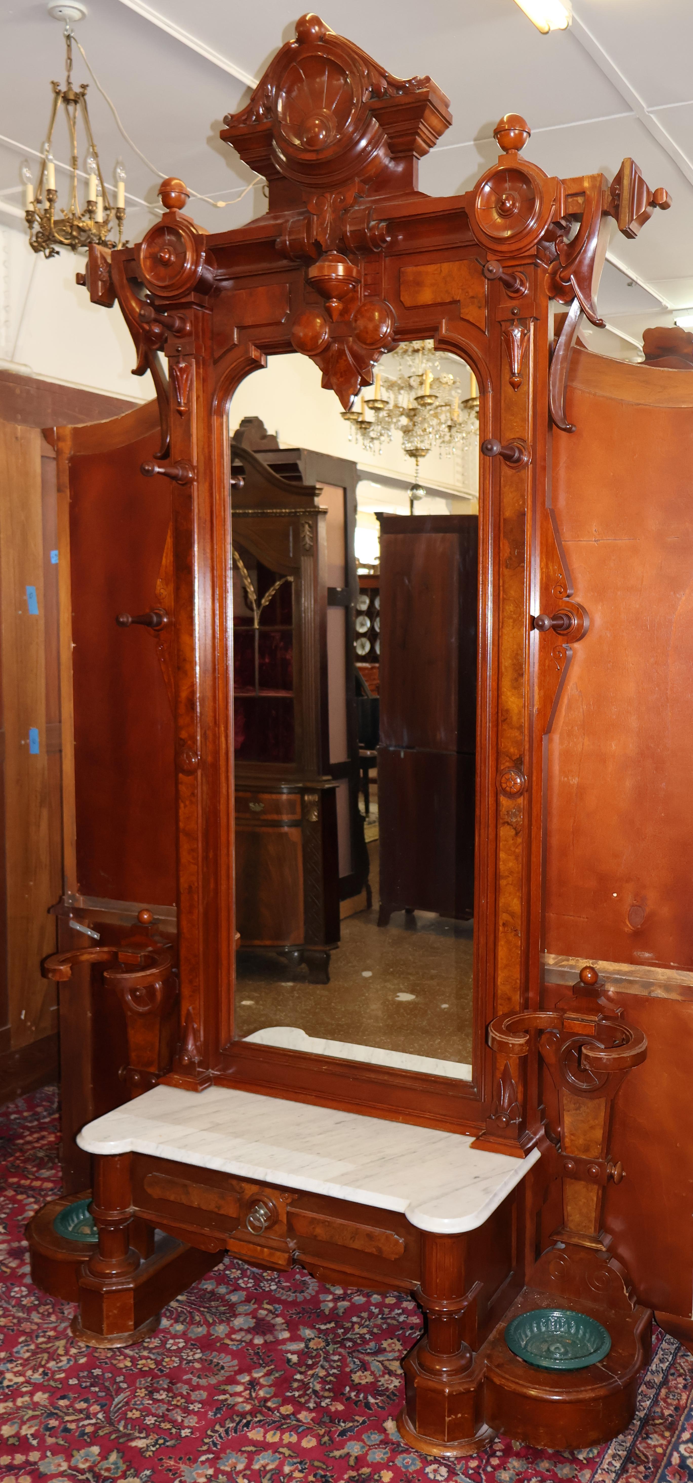 19th Century Victorian Walnut Pier Mirror Hall Tree Attributed To Thomas Brooks In Good Condition For Sale In Long Branch, NJ