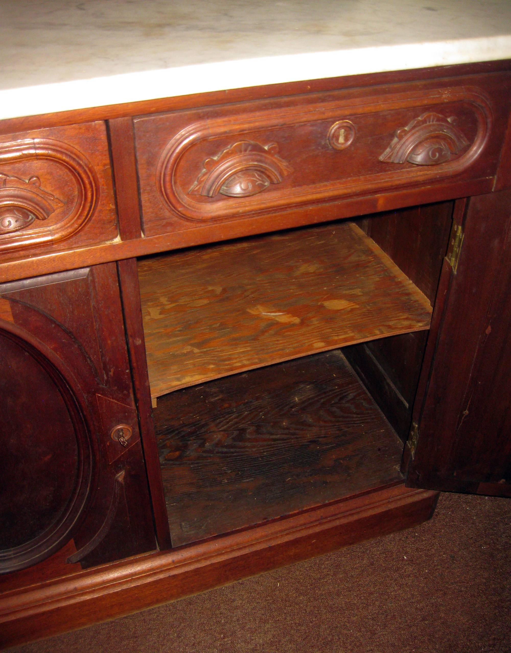 High Victorian 19th century Victorian Walnut Server Sideboard with Marble Top For Sale