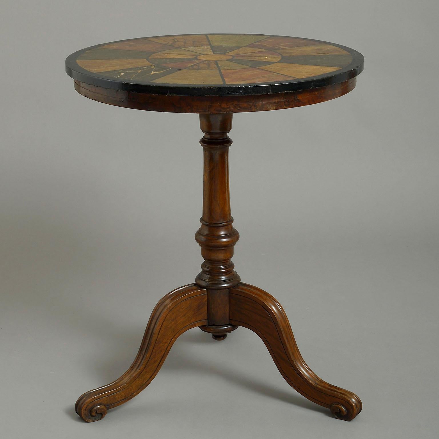 A 19th century Victorian walnut tripod table, the circular slate top with faux specimen marble decoration, raised on a turned stem and tripod base.