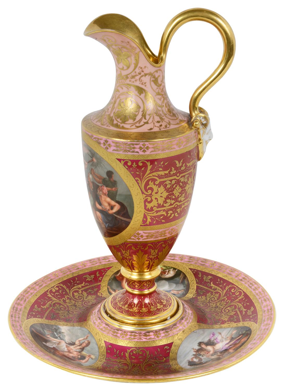 A fine quality late 19th Century Austrian, Vienna porcelain hand painted Ewer on plate having a burgundy colour ground boarder with scrolling gilded decoration, inset painted panels depicting Classical Greek scenes.