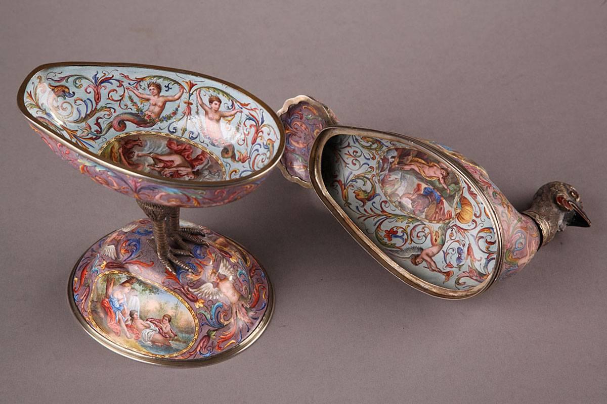 Austrian 19th Century, Vienna Rooster-Shaped Enamel Trinket Bowl