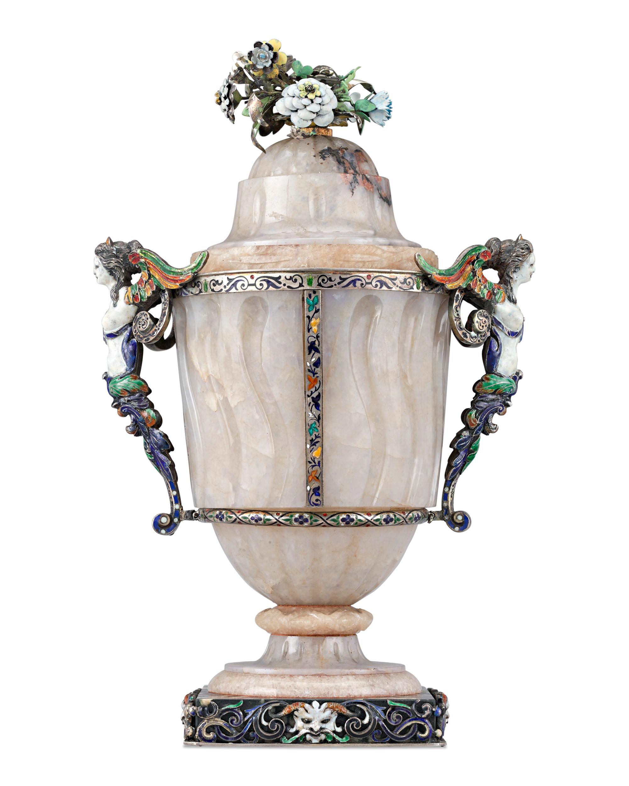 Rococo 19th Century Viennese Agate and Enamel Covered Urn