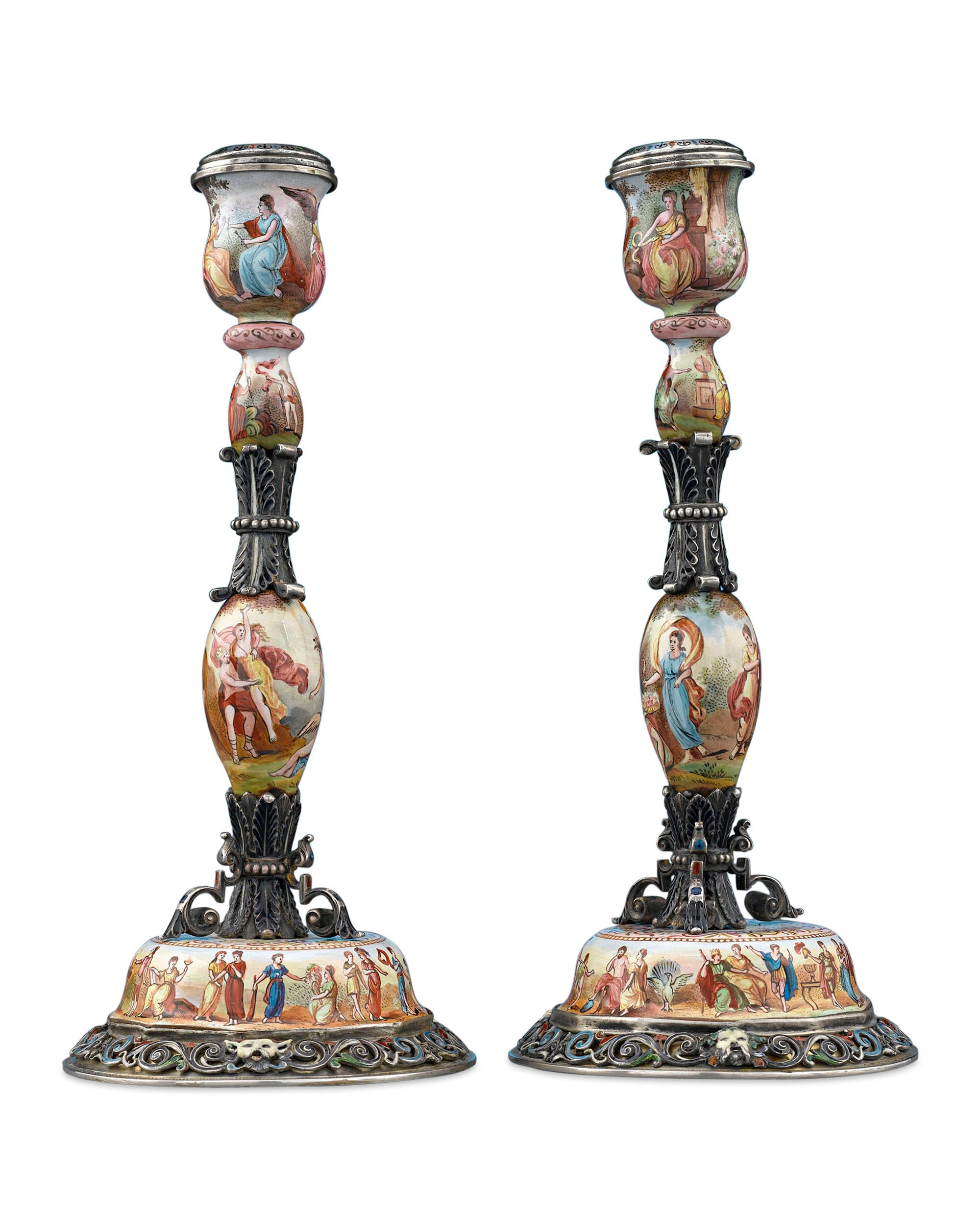 Rococo 19th Century Viennese Enamel Candlesticks For Sale