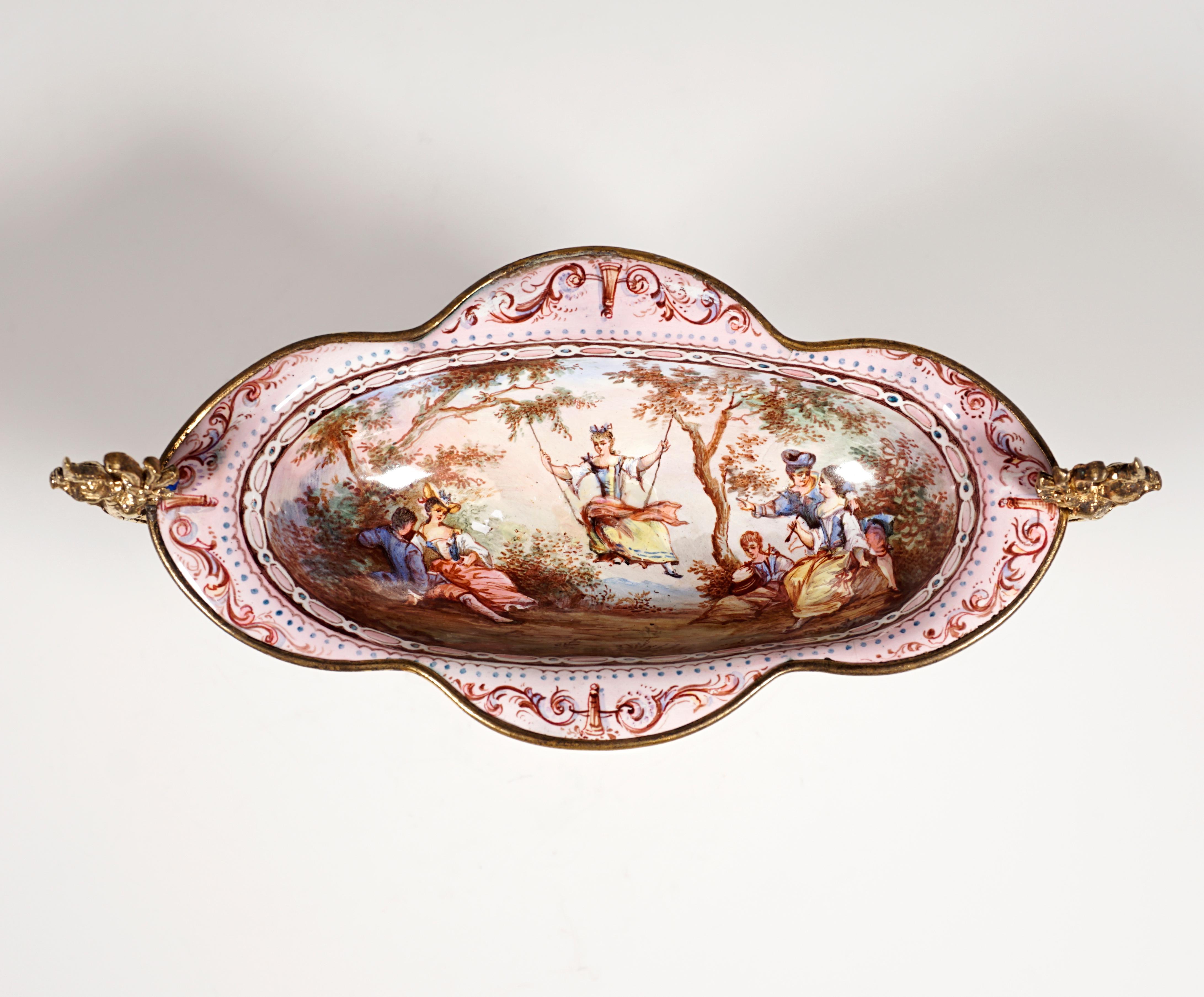 19th Century Viennese Enamel Centerpiece with Watteau and Arabesque Painting For Sale 2