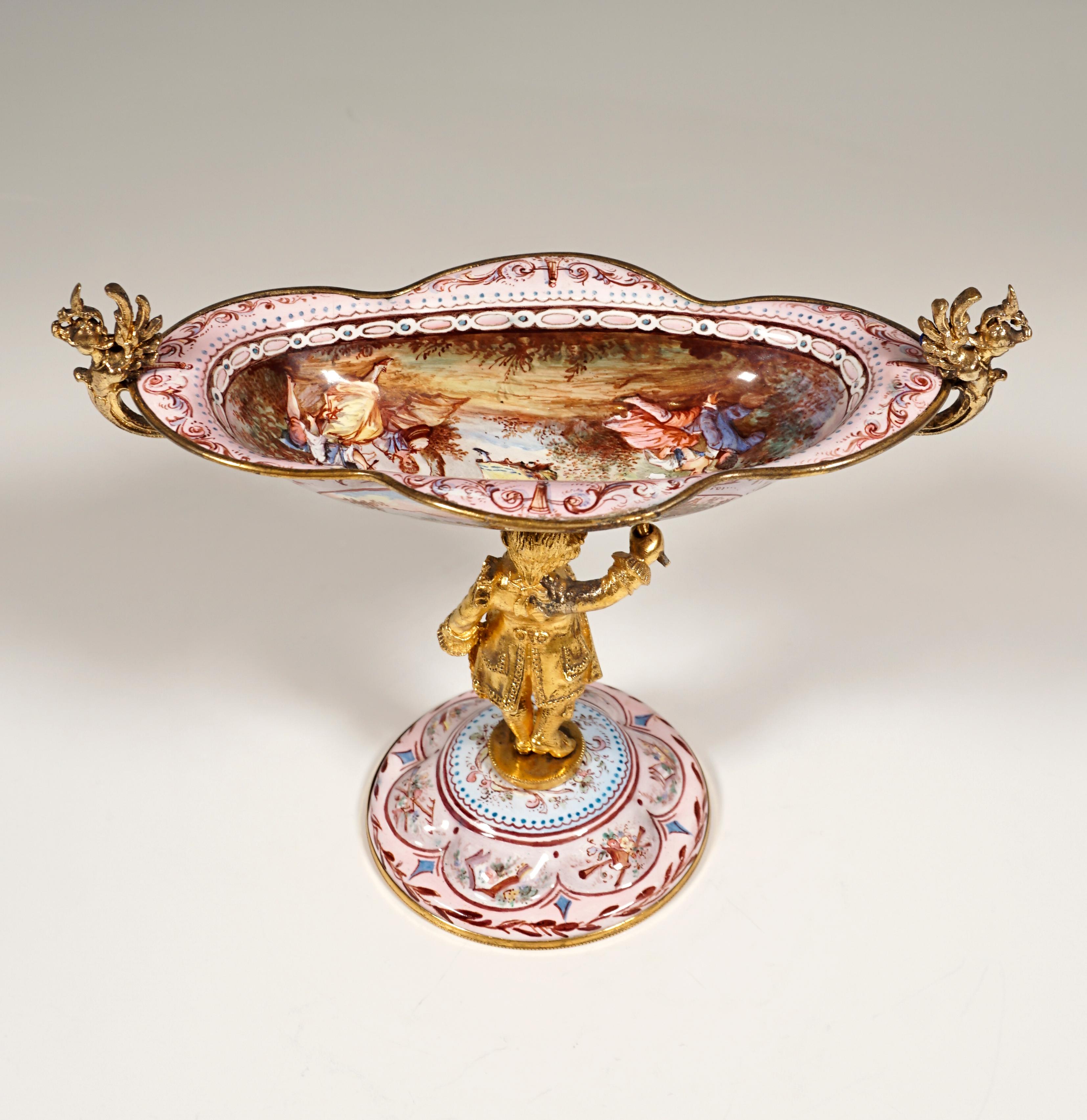 Rococo 19th Century Viennese Enamel Centerpiece with Watteau and Arabesque Painting For Sale