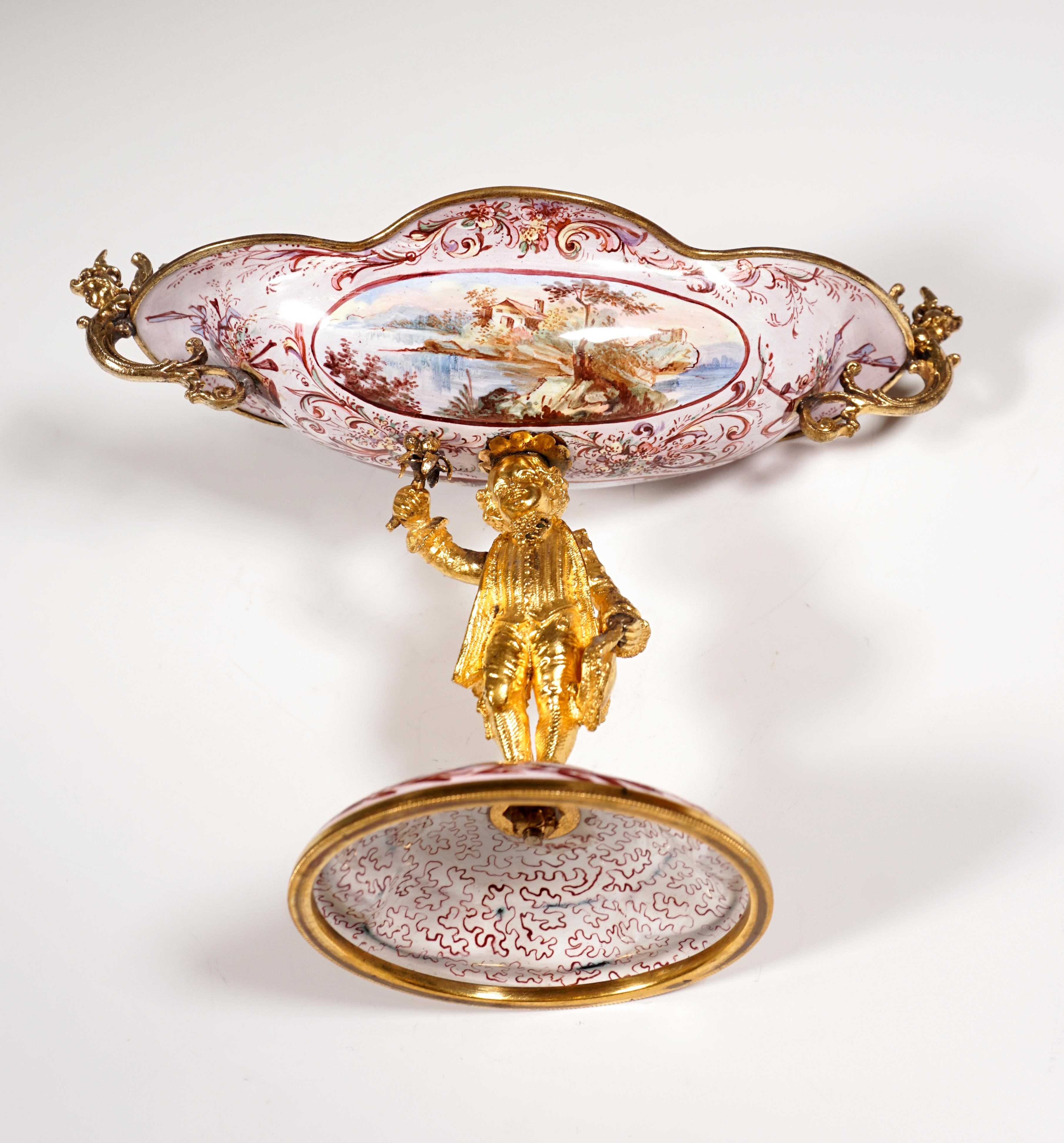 Austrian 19th Century Viennese Enamel Centerpiece with Watteau and Arabesque Painting For Sale