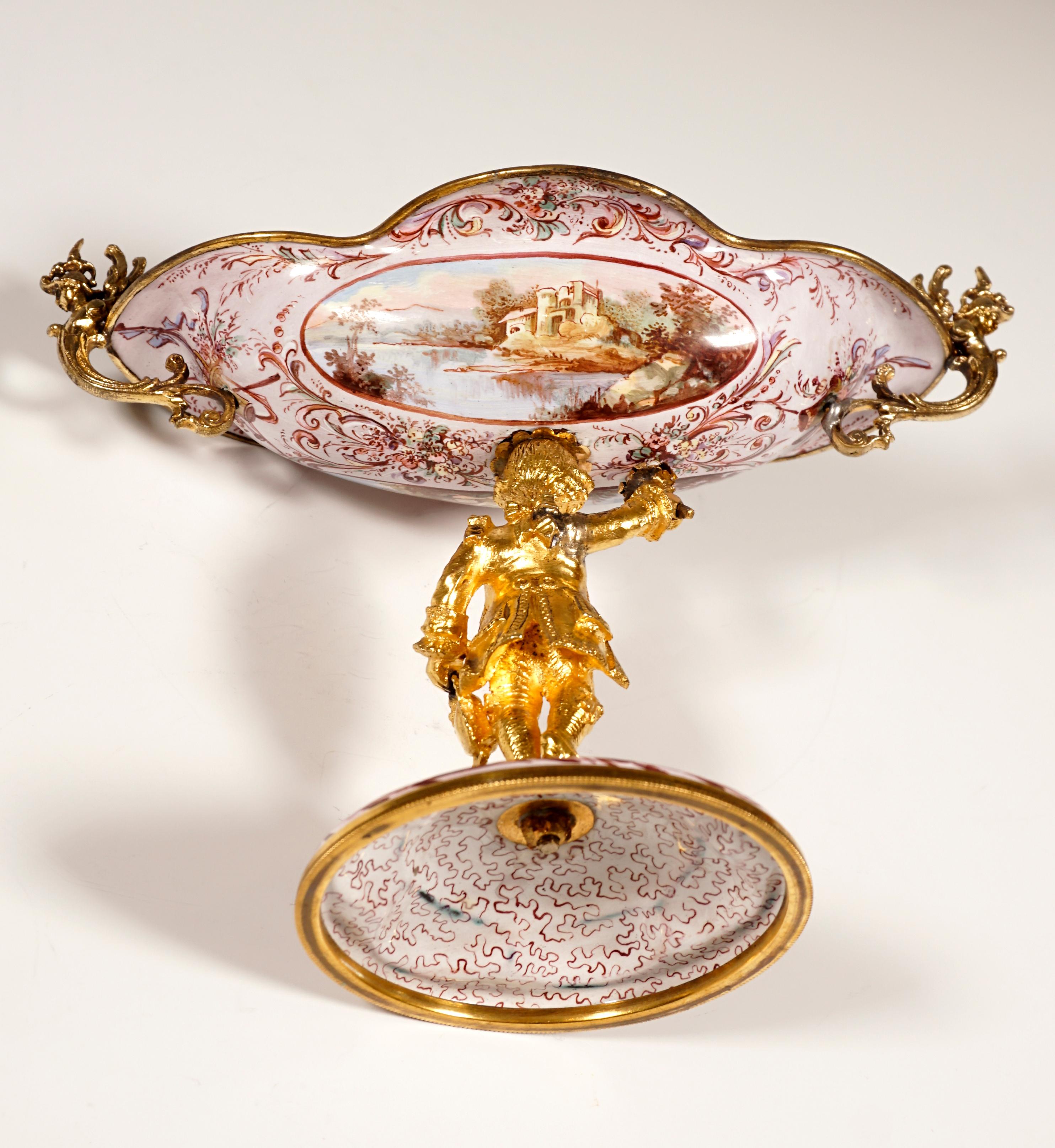 Enameled 19th Century Viennese Enamel Centerpiece with Watteau and Arabesque Painting For Sale