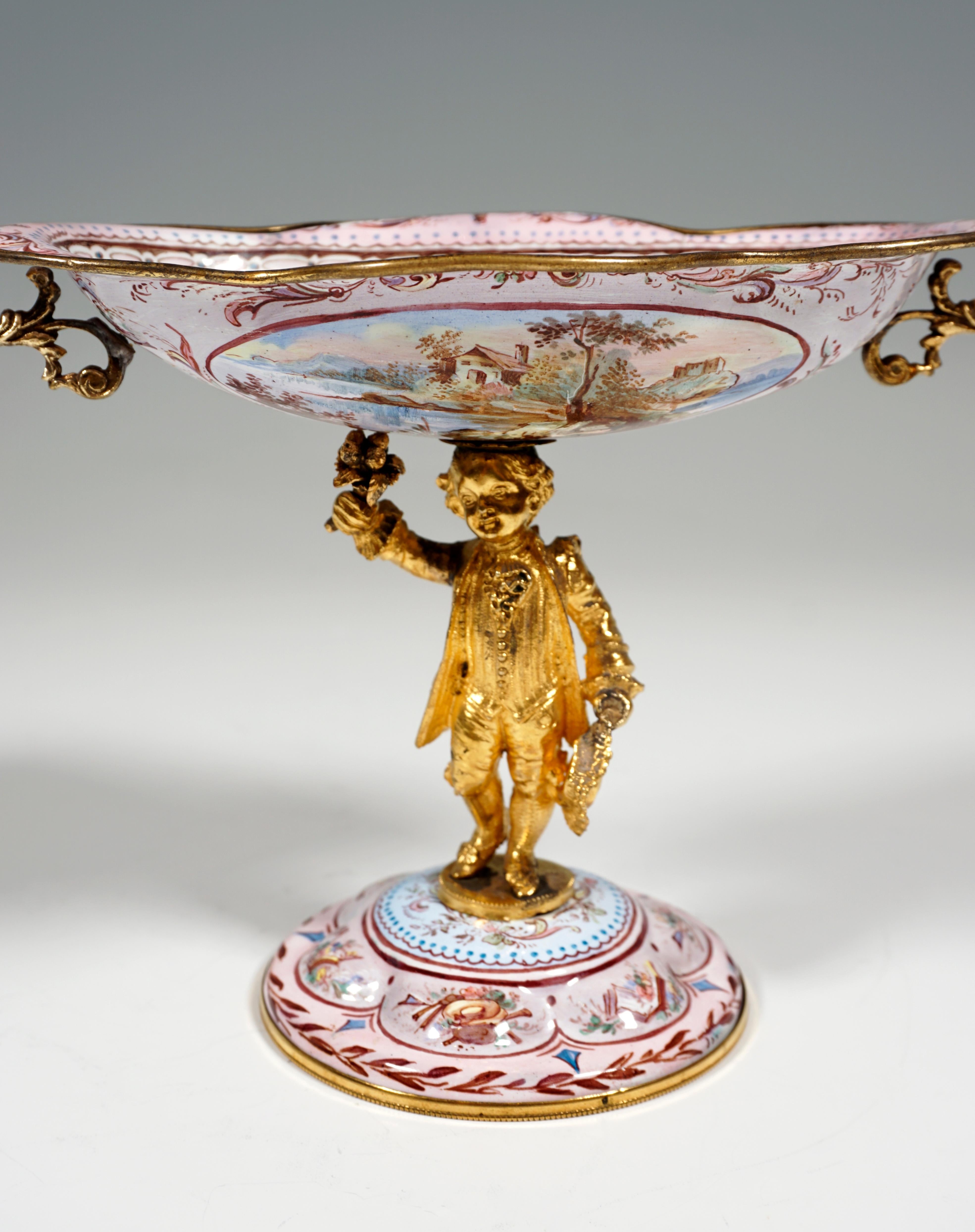 Brass 19th Century Viennese Enamel Centerpiece with Watteau and Arabesque Painting For Sale