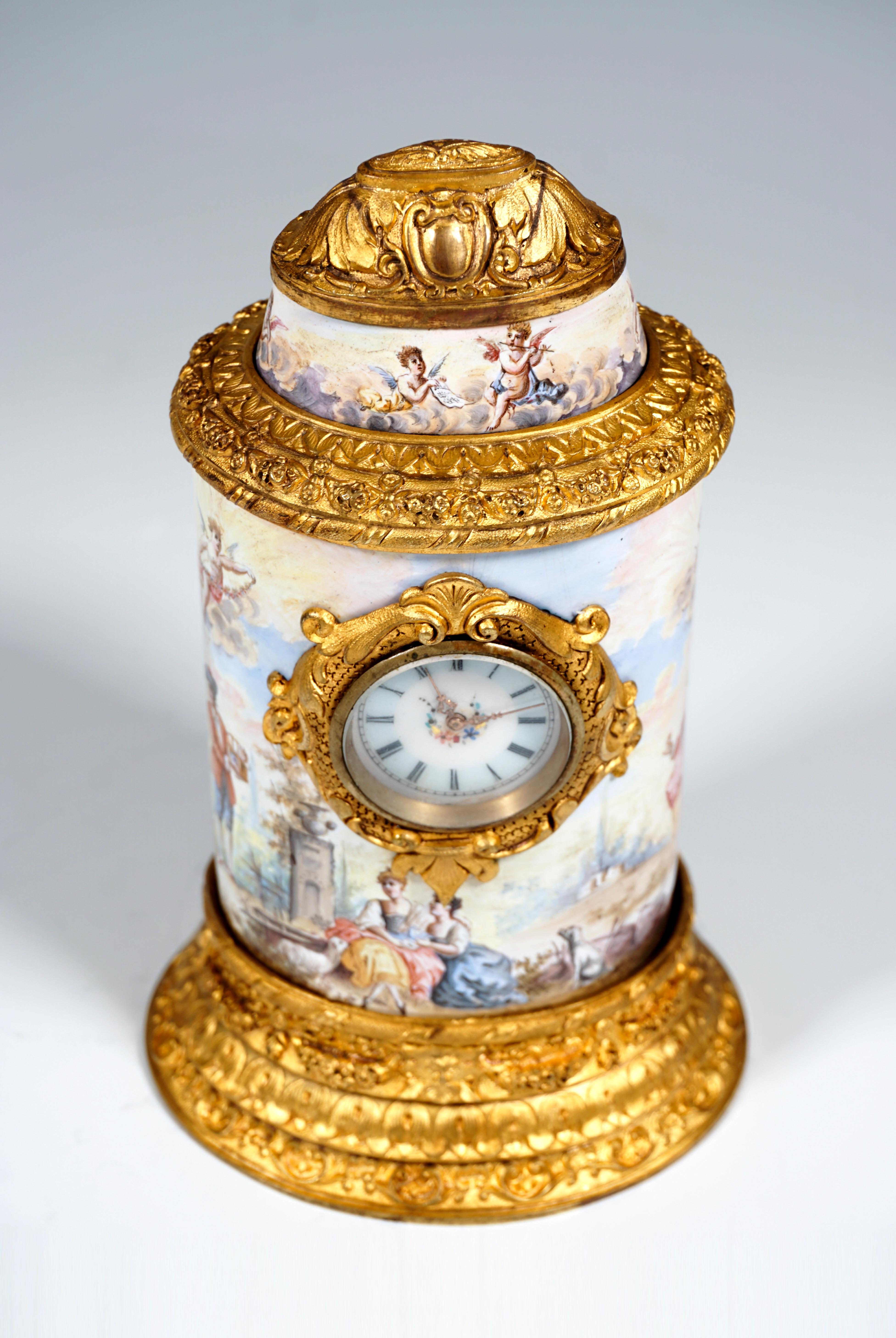 Rococo 19th Century Viennese Enamel Table Clock with Fire-Gilding and Watteau Painting For Sale