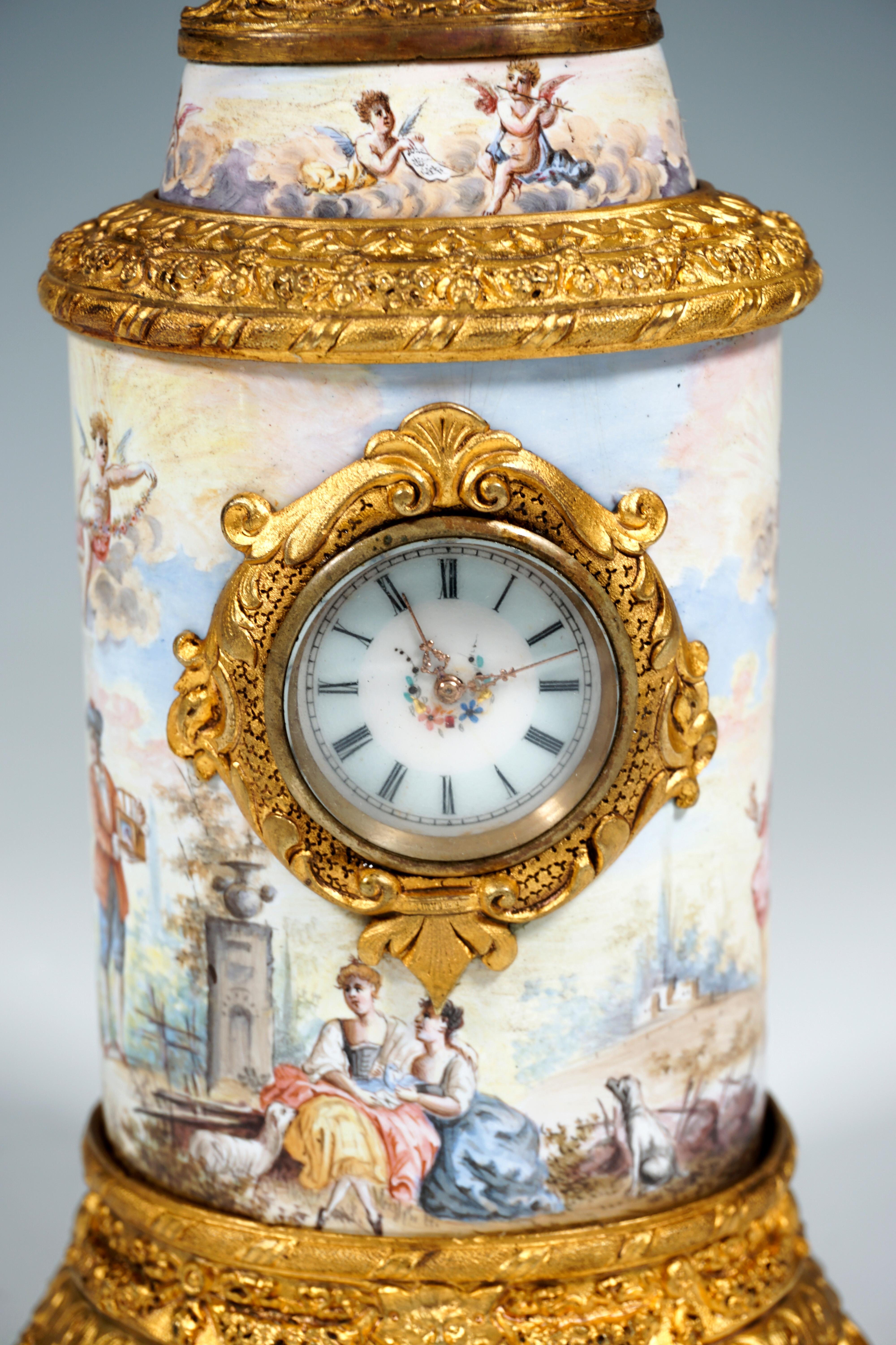 Austrian 19th Century Viennese Enamel Table Clock with Fire-Gilding and Watteau Painting For Sale