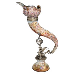 Antique 19th Century Viennese Enameled Silver Cornucopia Drinking Horn