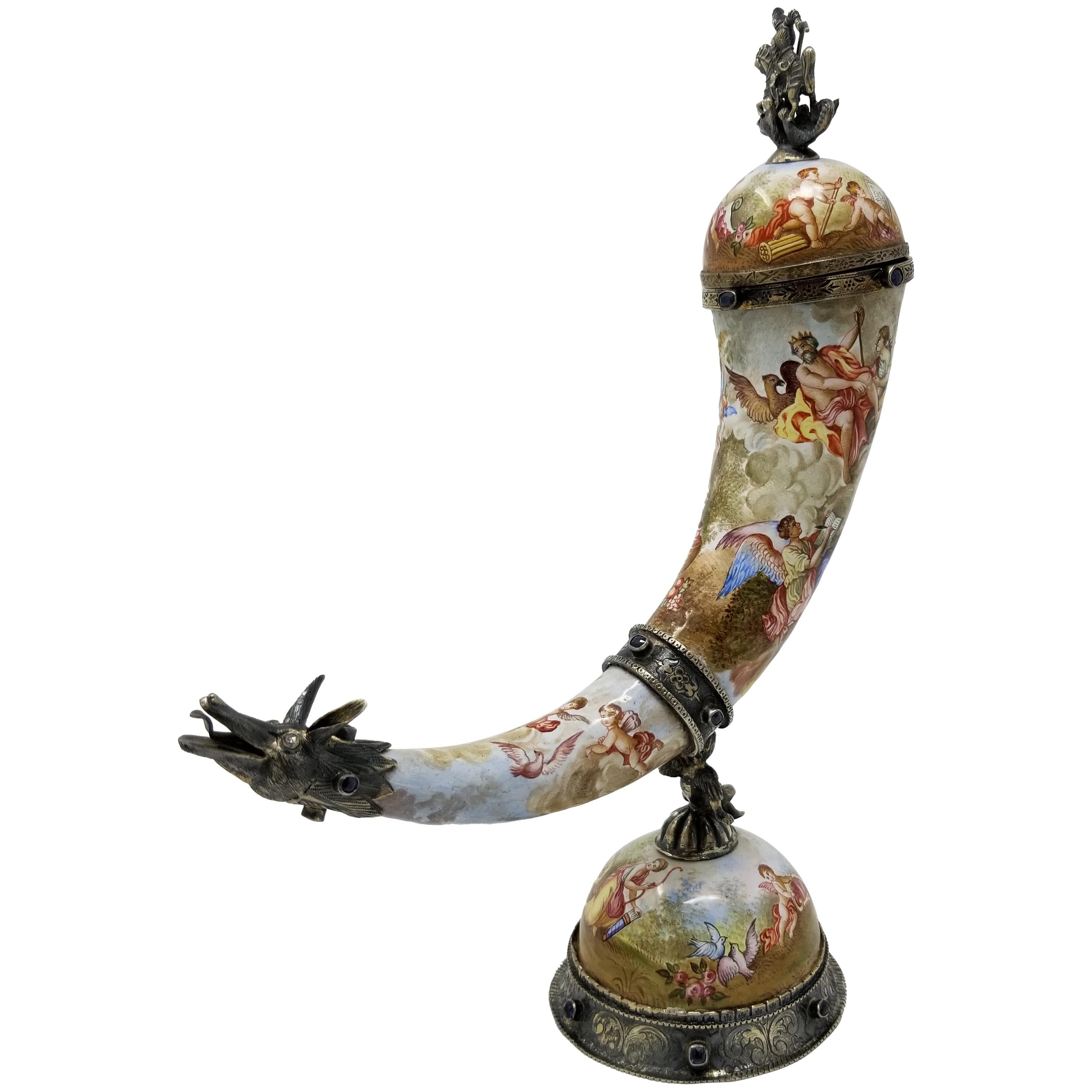 Corne d'abondance viennoise miniature du 19ème siècle recouverte d'argent et d'émail en vente