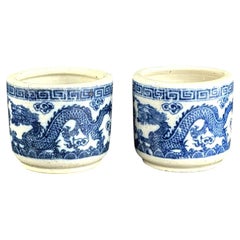 19th Century Vietnamese Blue and White Porcelain Pots with Dragons, Fish Marked