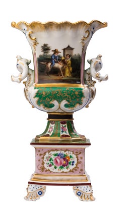 Antique "Vieux Paris" French Porcelain Urn, Green Glaze, Floral and Gilt Detail