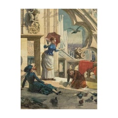 19th Century View from the Spiers of the Duomo Painting Watercolor on Paper