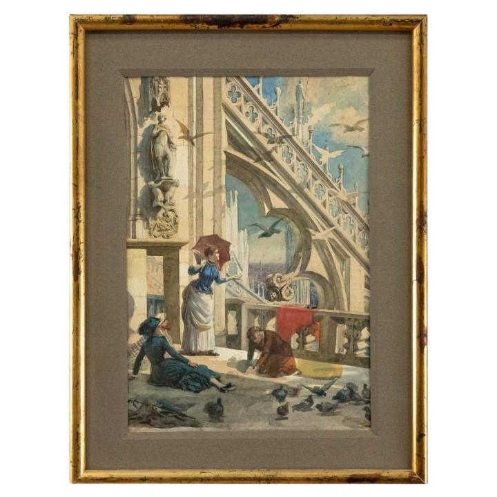Aquarelle sur papier du 19ème siècle « View from the Spiers of the Duomo » (Vue des pichets du Duomo)
