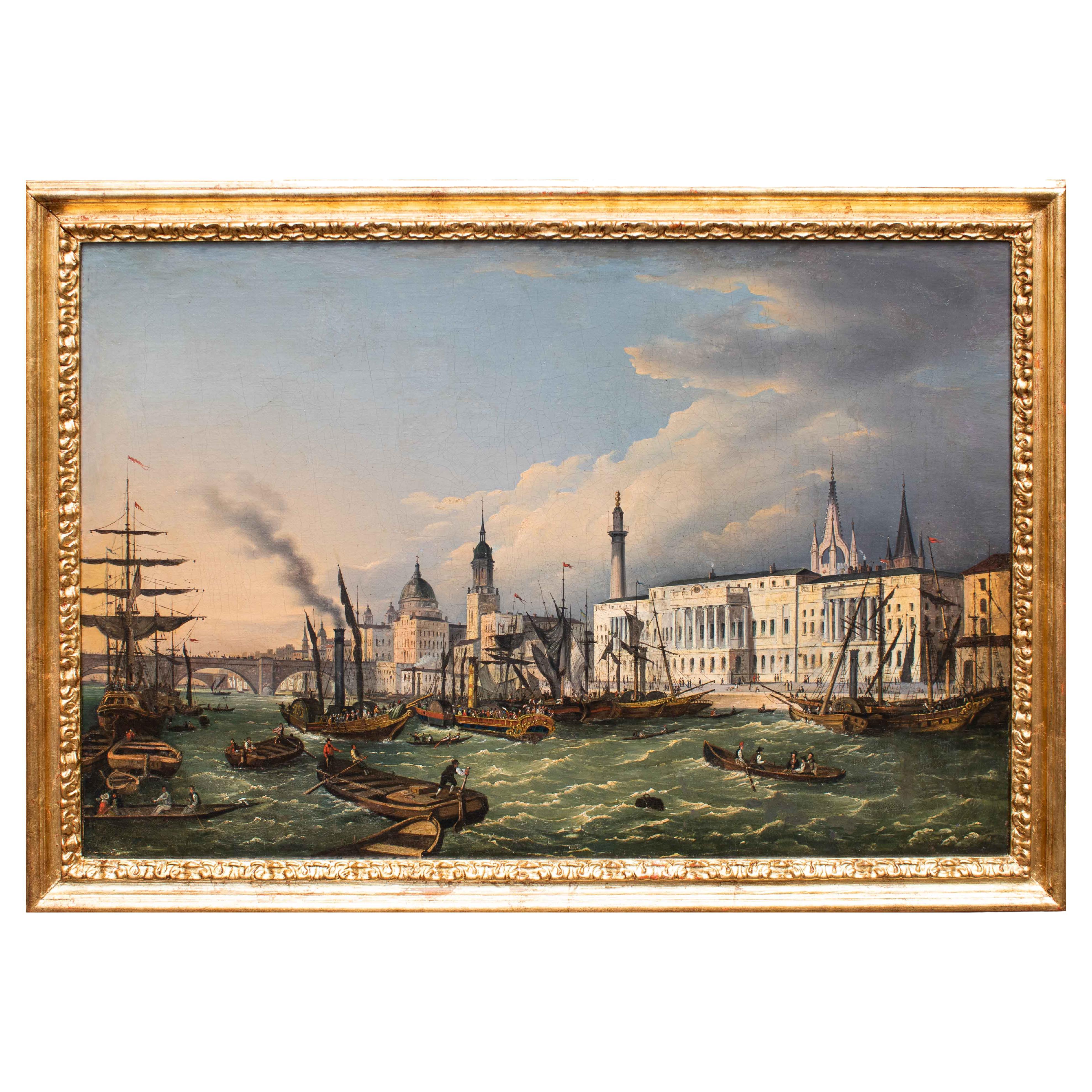 19th Century View of London from the River Thames Oil on canvas Dated, 1841