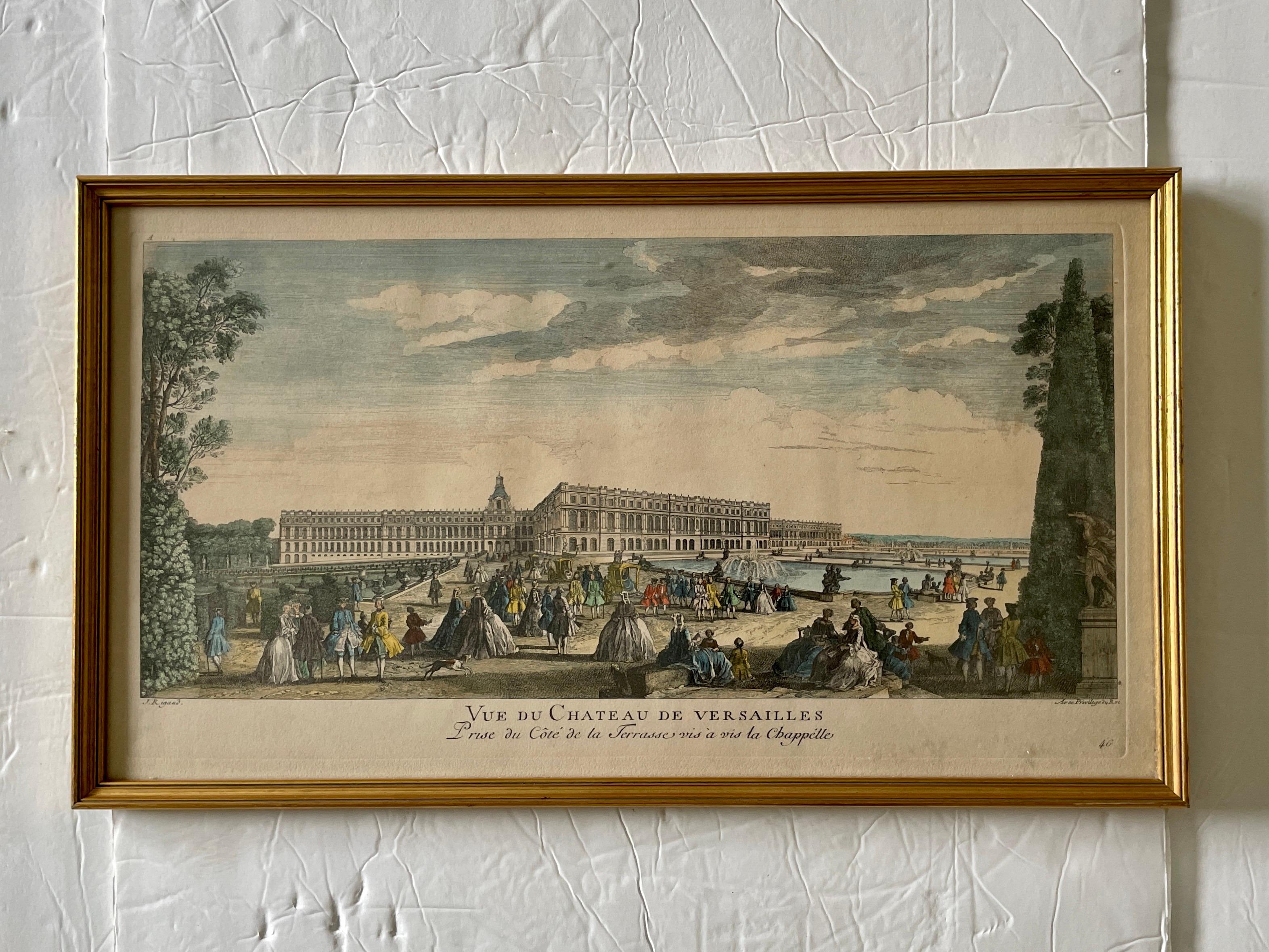 View of Palace of Versailles scene lithograph. This piece includes a frame. We have a total of 5 complimenting French scenes to collect. Add some classic French style to your home.