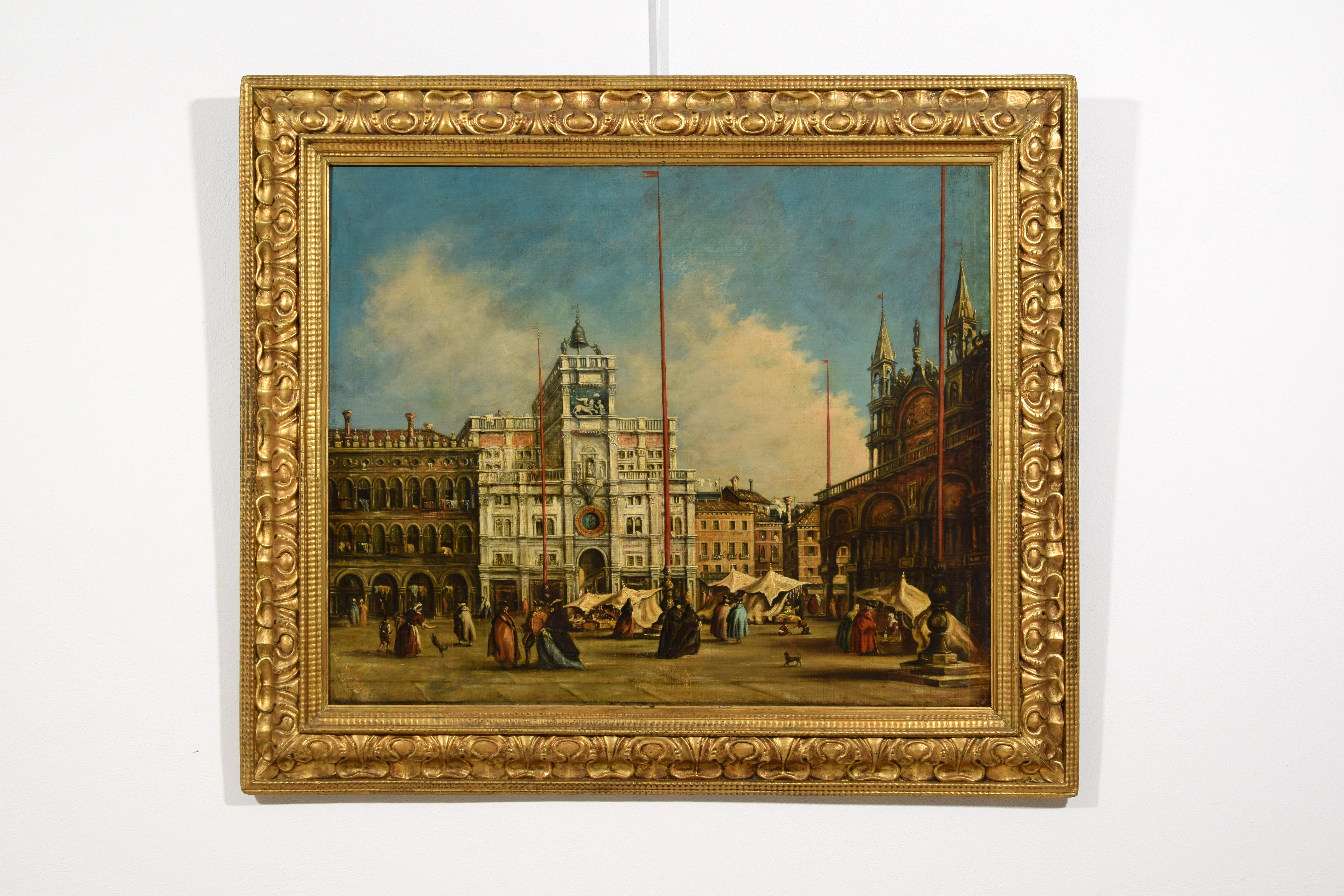 XIXe siècle, Vue de la place Saint-Marc à Venise, suiveur de Francesco Guardi
Dimensions : cadre, cm L 121,5 x H 105 x P 5,5. Toile cm L 100 x H 81

L'œuvre, réalisée par un peintre vénitien actif dans la première moitié du XIXe siècle, disciple de