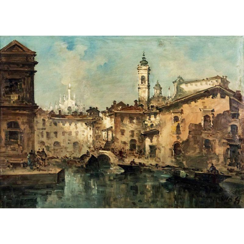 Giuseppe Riva (Ivrea, 1834 - 1916).

View of the Naviglio with the Duomo.

Tempera on canvas, 49.5 x 69.5 cm.

Signed lower left 