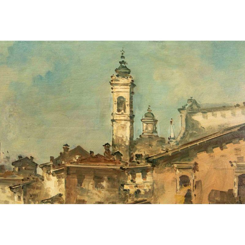Italian 19th Century View of the Naviglio with the Duomo Painting Tempera on Canvas For Sale