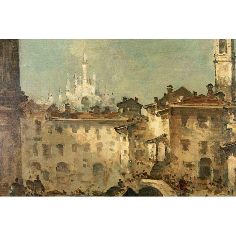 Painted 19th Century View of the Naviglio with the Duomo Painting Tempera on Canvas For Sale