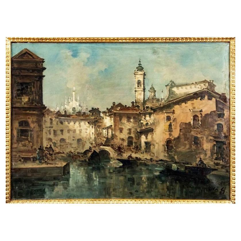 19th Century View of the Naviglio with the Duomo Painting Tempera on Canvas For Sale