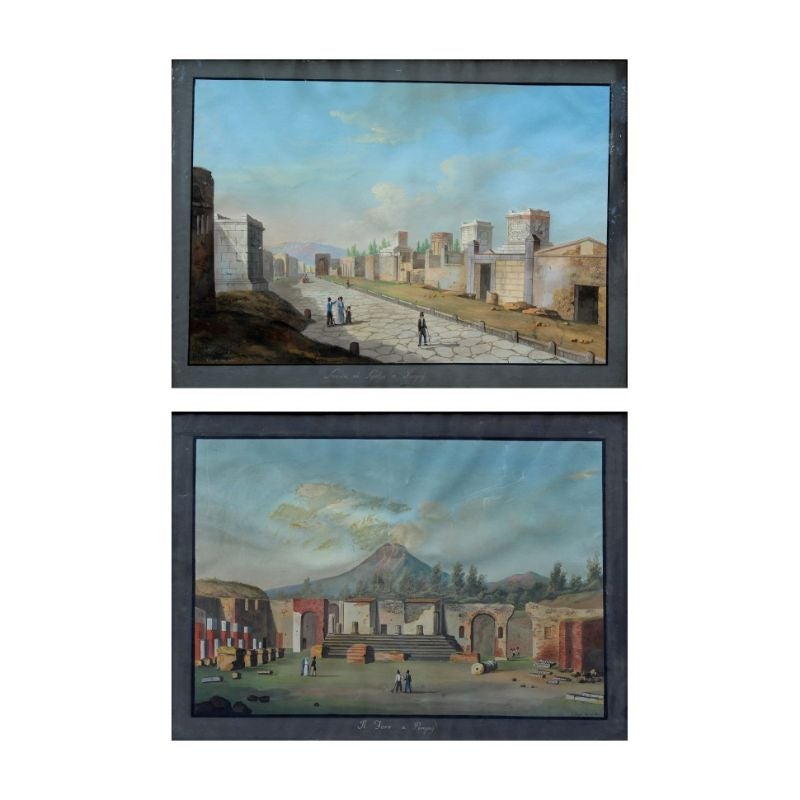Francesco Fergola (Neapel, 1801 - dort, 1875) 

Paar Ansichten von Pompeji

Tempera auf Papier, 33 x 48 cm

Rahmen 49 x 64 cm

Die beiden fraglichen Ansichten sind von Francesco Fergola signiert, einem Maler, der als Landschaftsmaler bekannt