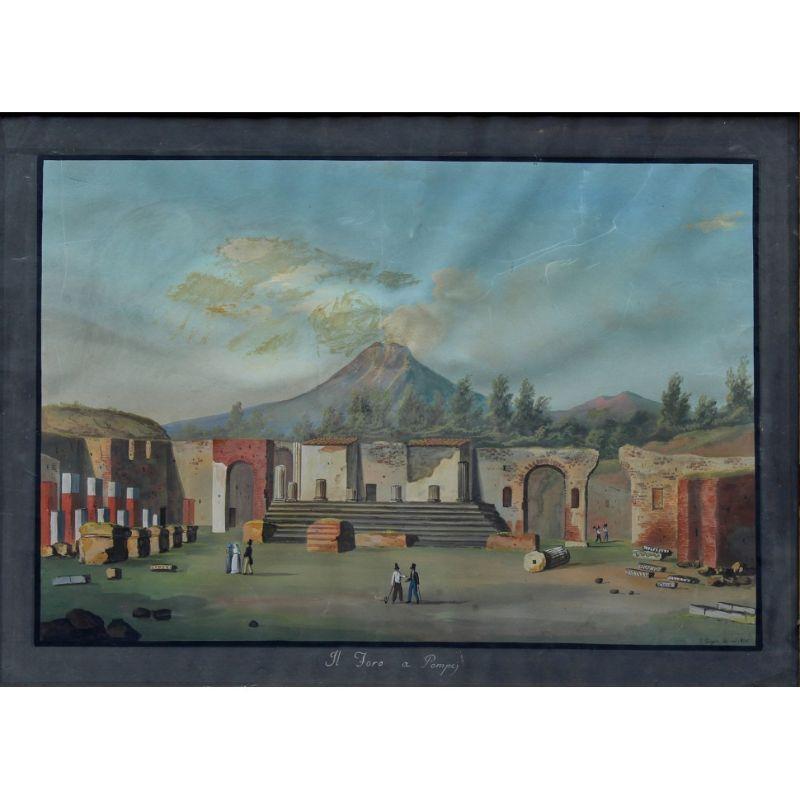 Italian 19th Century Views of Pompeii Paintings Tempera on Paper by Fergola For Sale