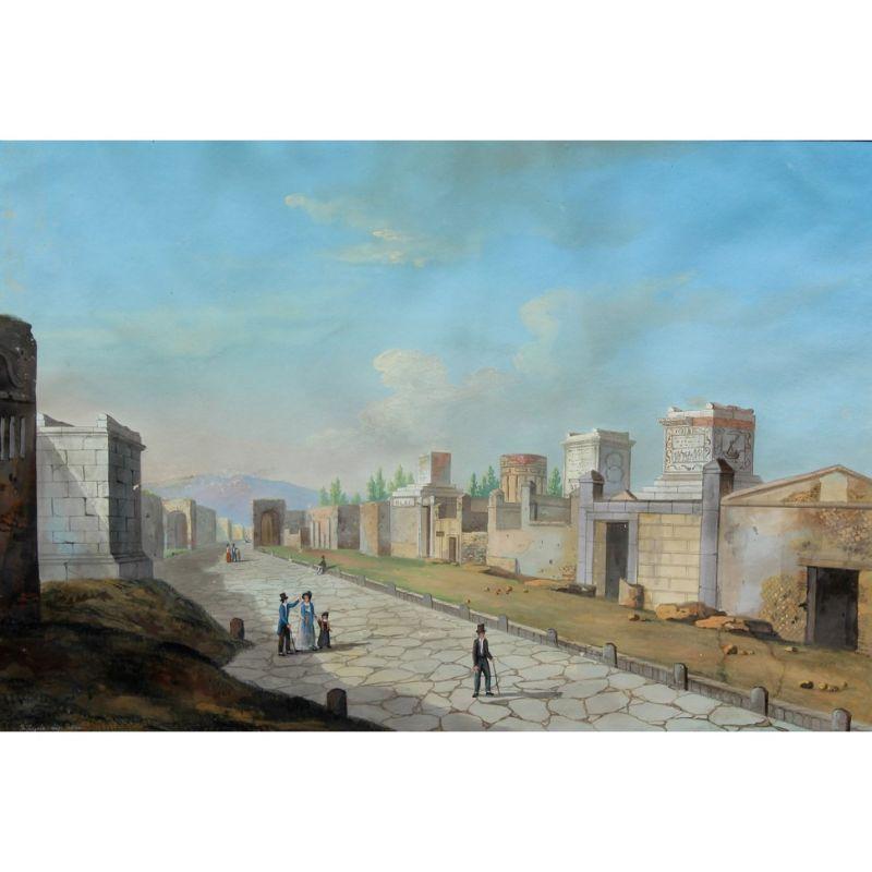 Painted 19th Century Views of Pompeii Paintings Tempera on Paper by Fergola For Sale