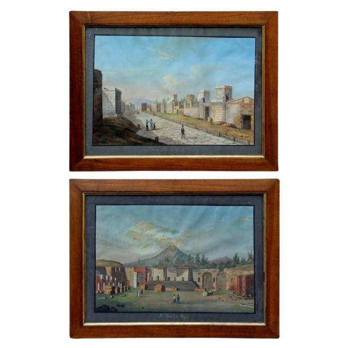 19th Century Views of Pompeii Paintings Tempera on Paper by Fergola For Sale