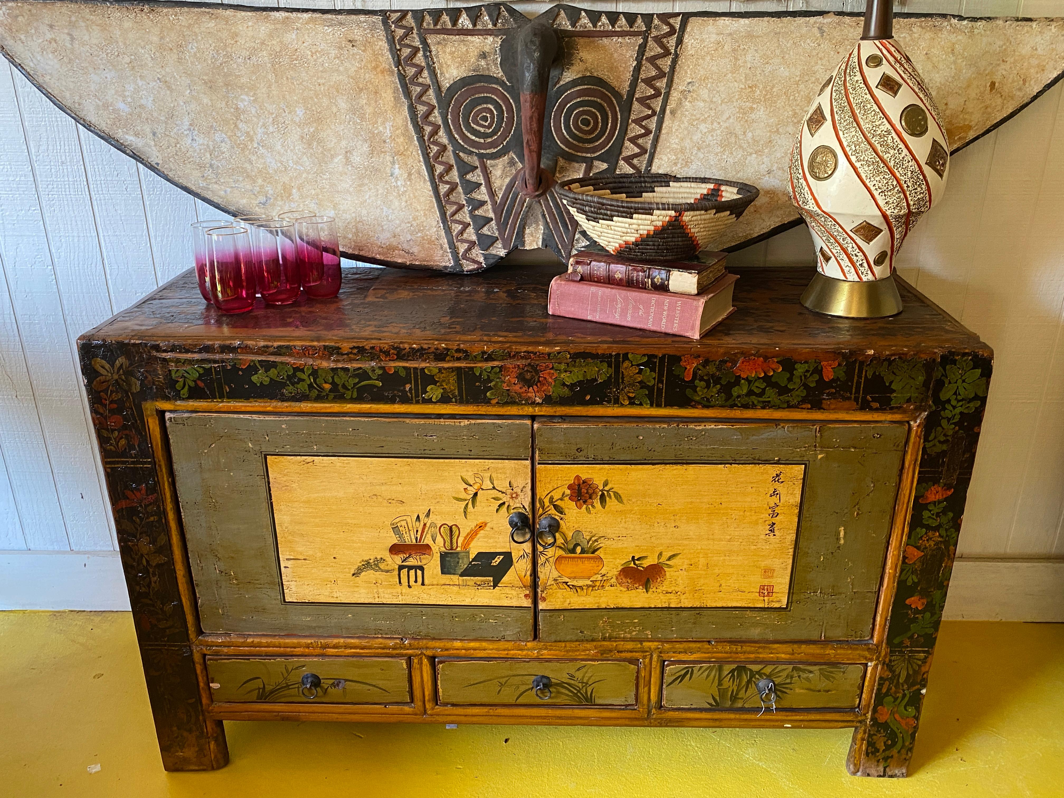 19th Century Vintage Mongolian Hand Painted Cabinet In Good Condition In Mount Pleasant, SC