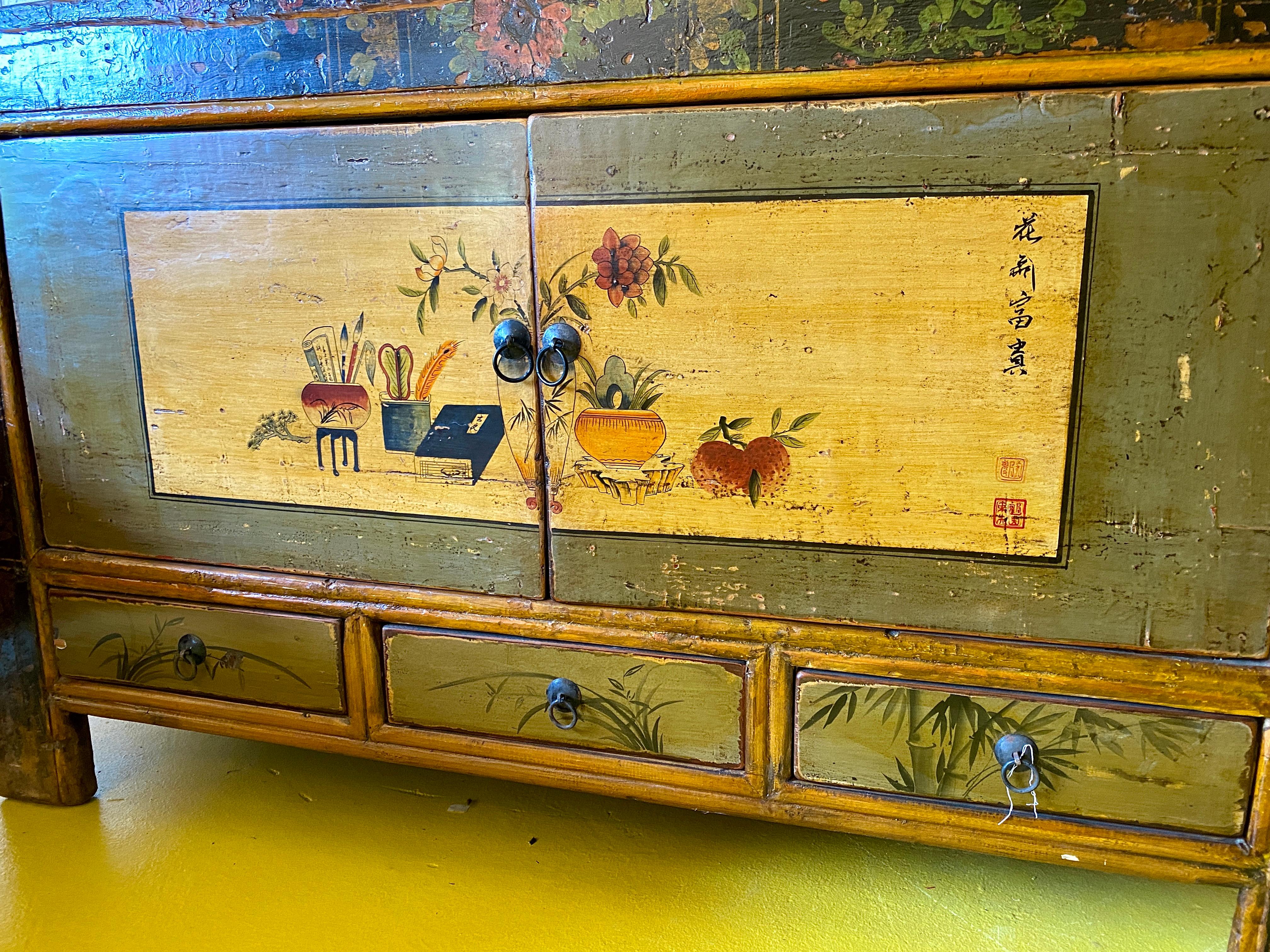Tibetan 19th Century Vintage Mongolian Hand Painted Cabinet