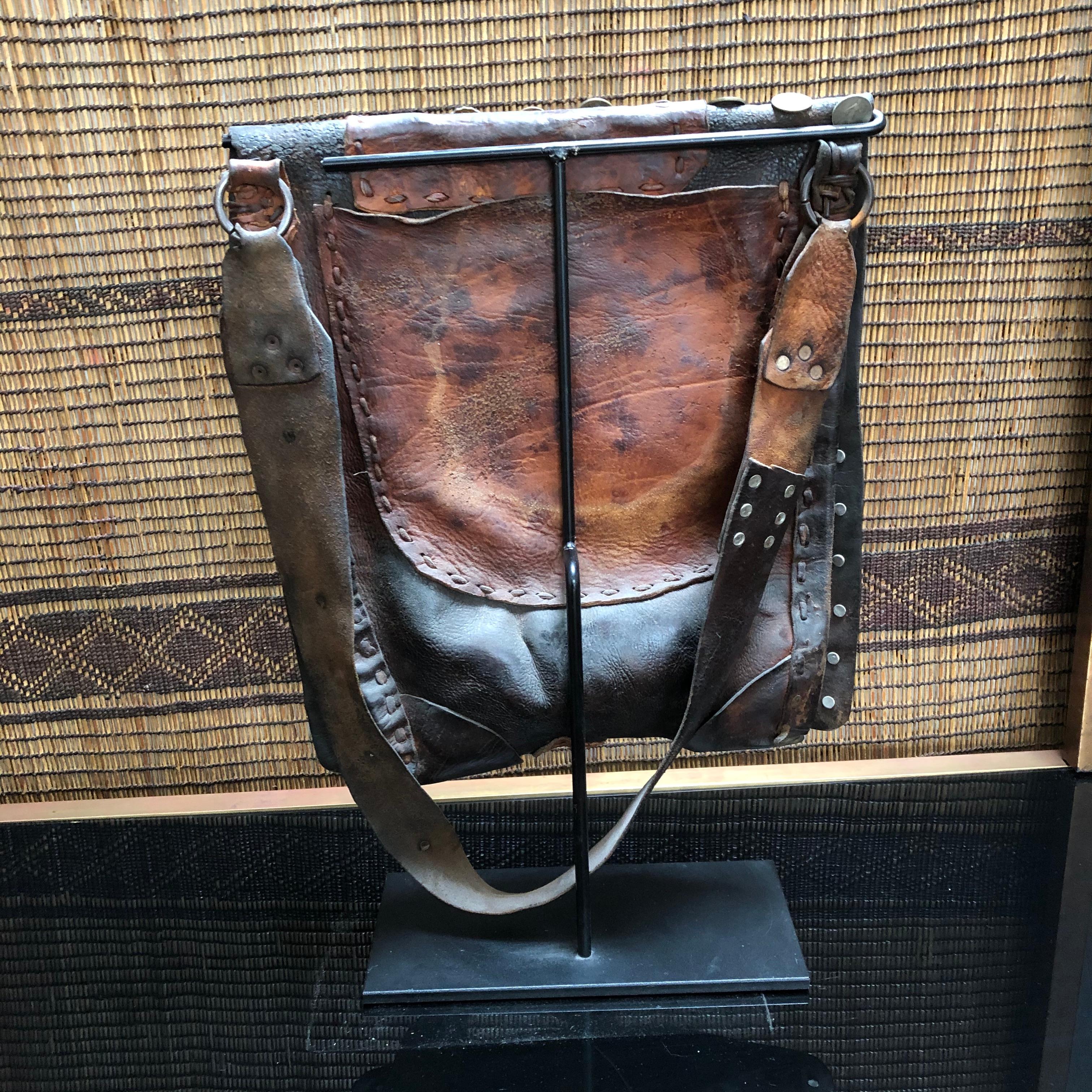 19th Century Vintage Moroccan Leather Water Carrier Bag on a Stand In Good Condition For Sale In Sausalito, CA