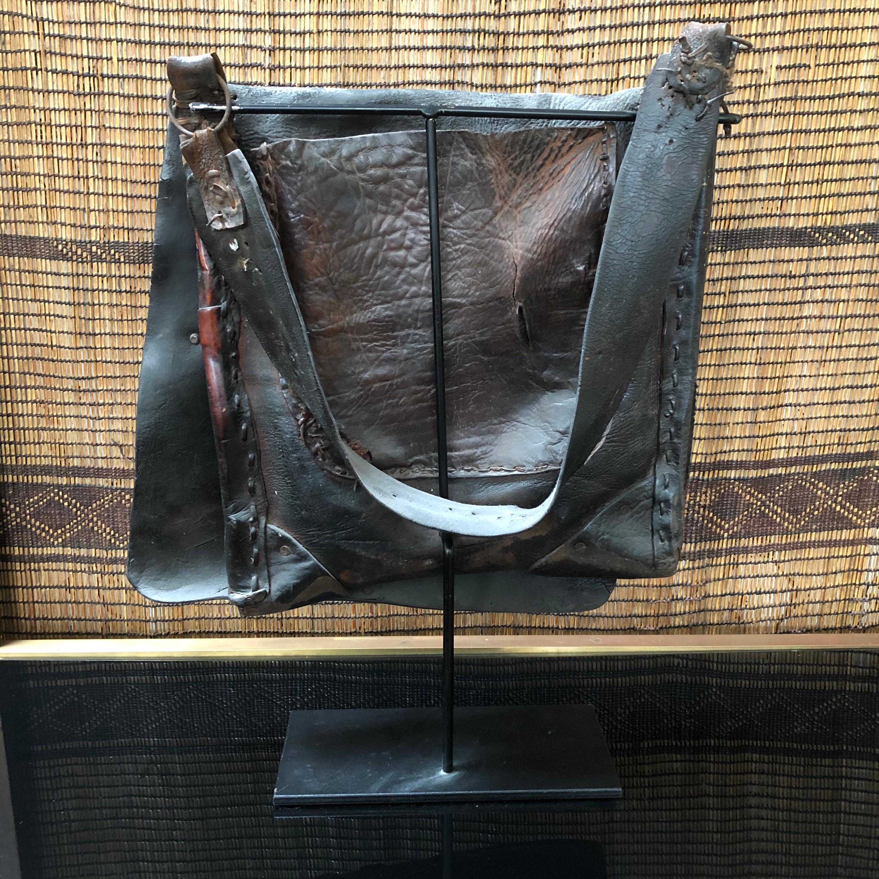 19th Century Vintage Moroccan Leather Water Carrier Bag on a Stand For Sale 1