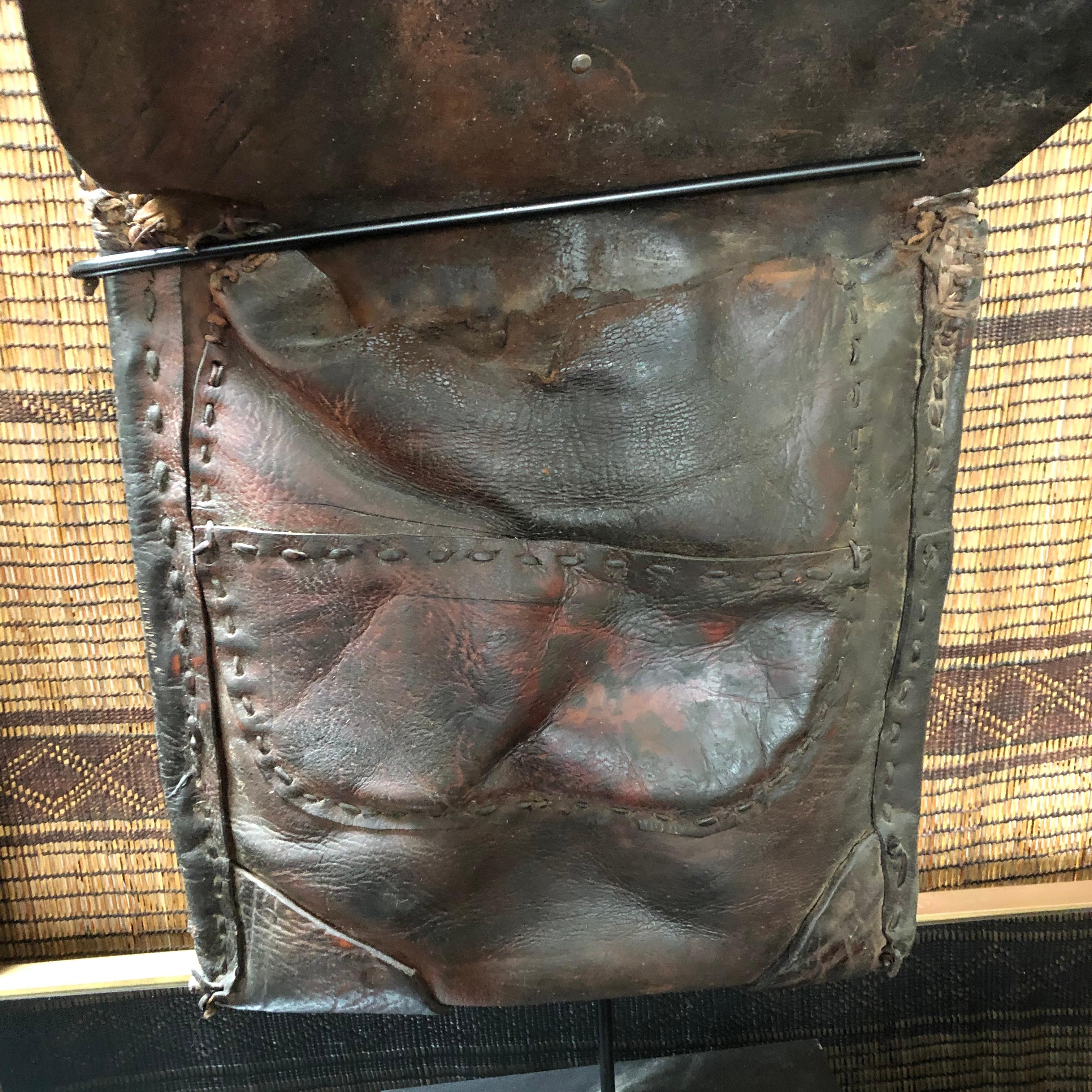 19th Century Vintage Moroccan Leather Water Carrier Bag on a Stand For Sale 3