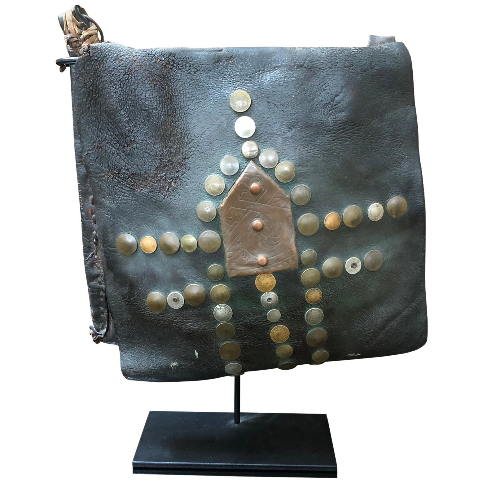 19th Century Vintage Moroccan Leather Water Carrier Bag on a Stand For Sale