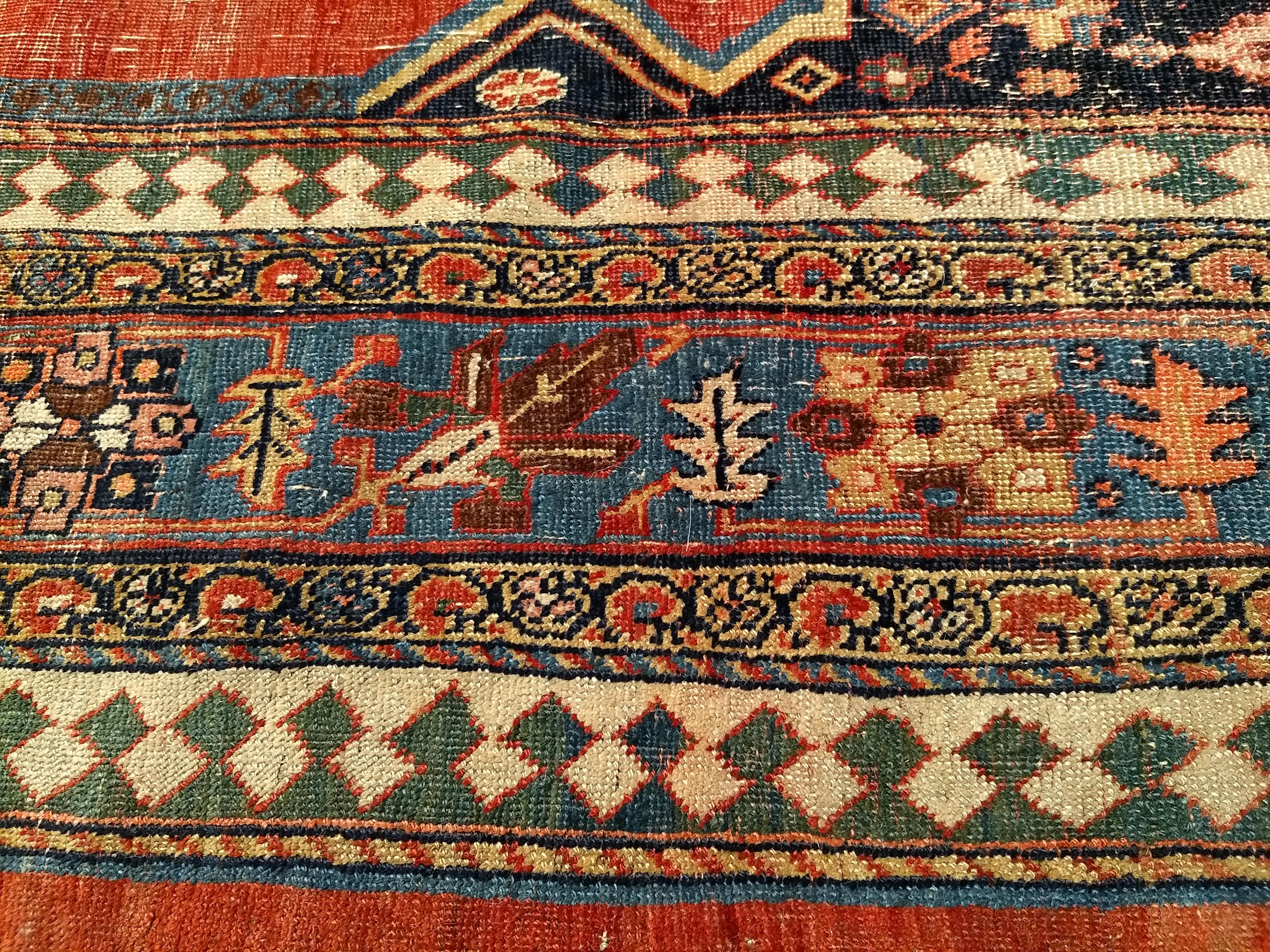 19th Century Vintage Persian Bidjar Room Size Rug in Red, French Blue, Yellow For Sale 5