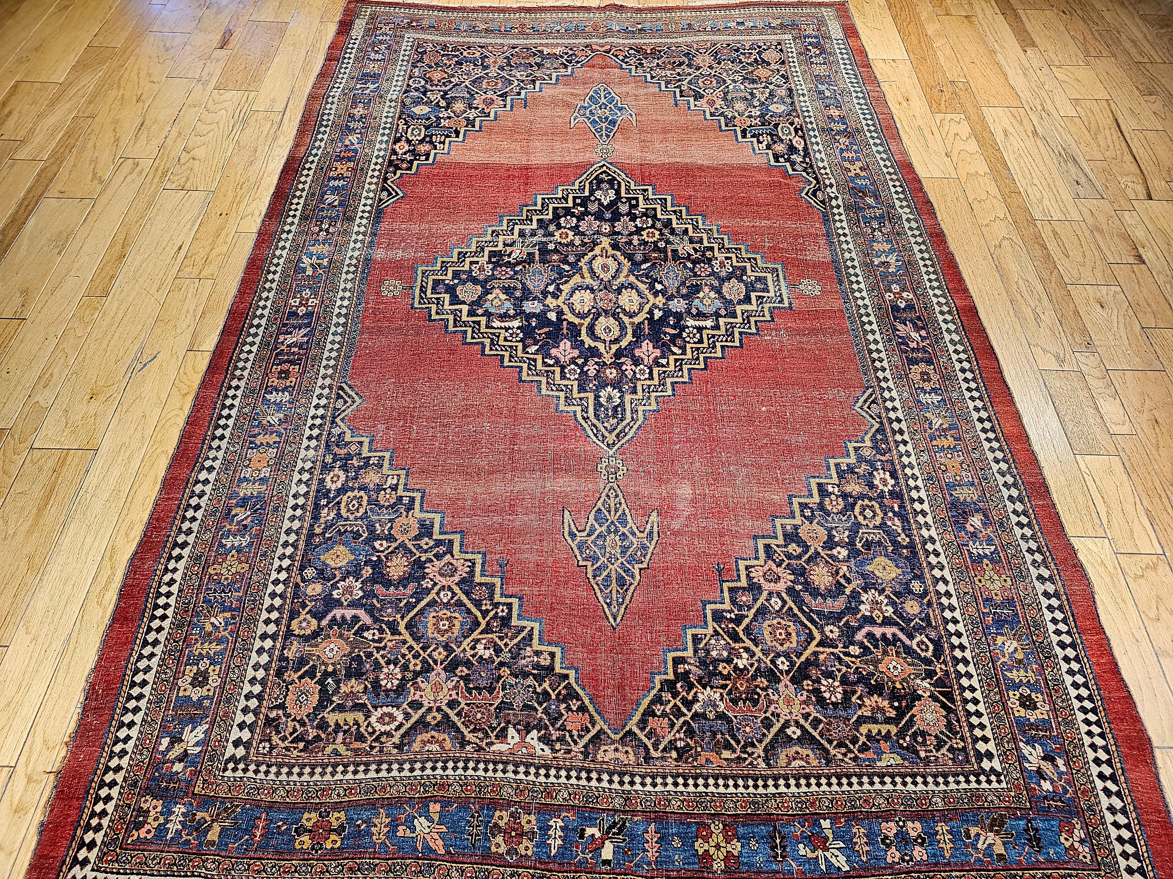 19th Century Vintage Persian Bidjar Room Size Rug in Red, French Blue, Yellow For Sale 6