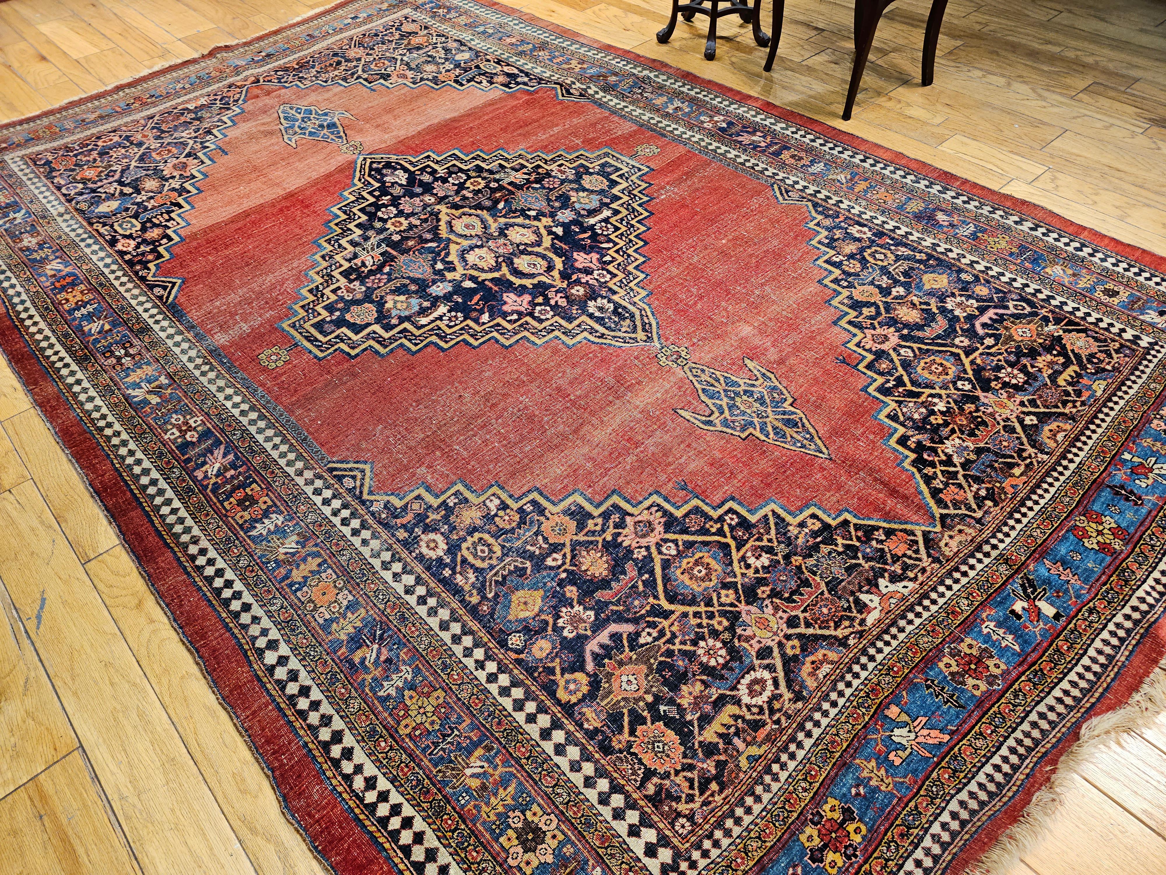 19th Century Vintage Persian Bidjar Room Size Rug in Red, French Blue, Yellow For Sale 7