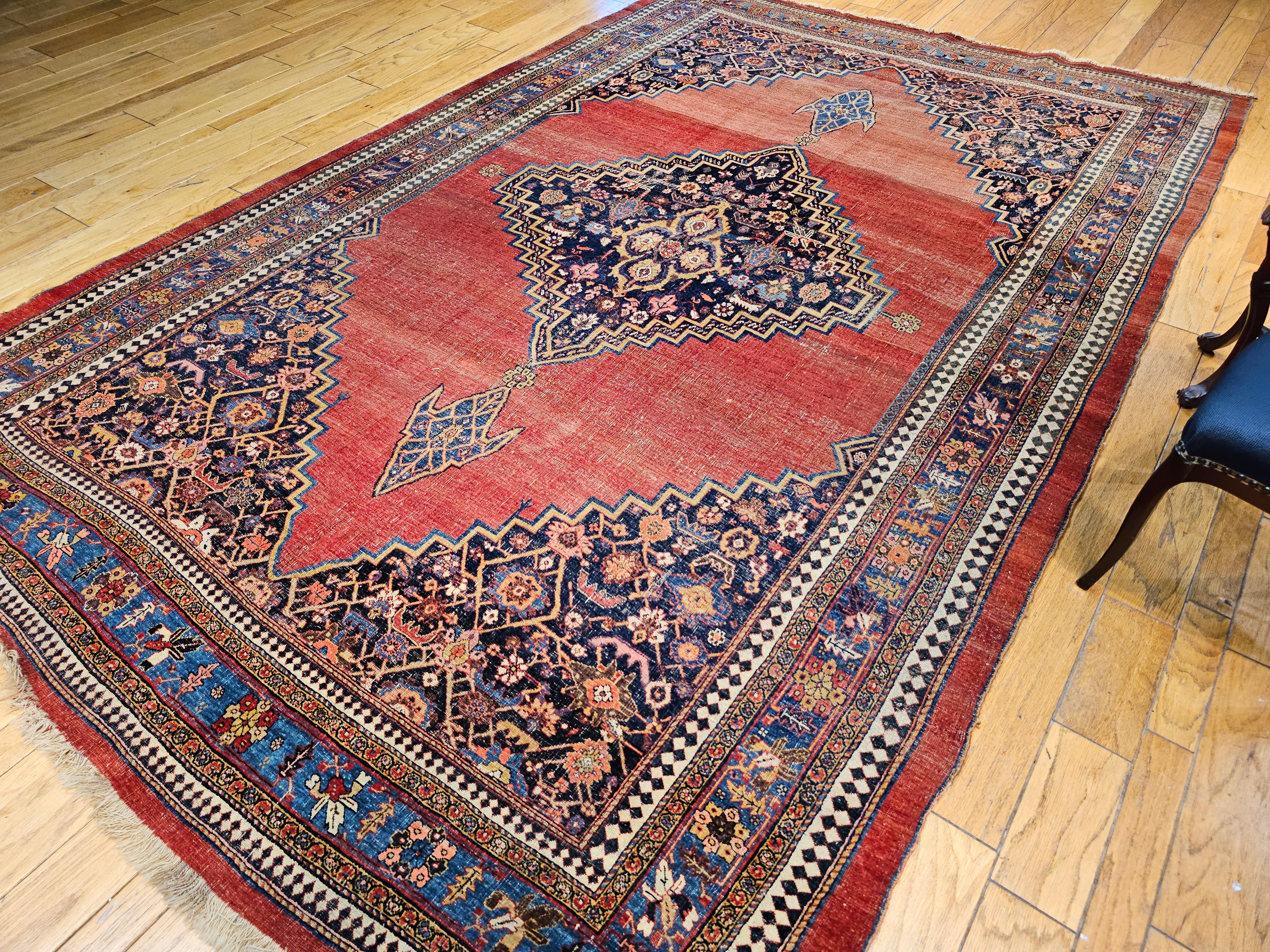 19th Century Vintage Persian Bidjar Room Size Rug in Red, French Blue, Yellow For Sale 8