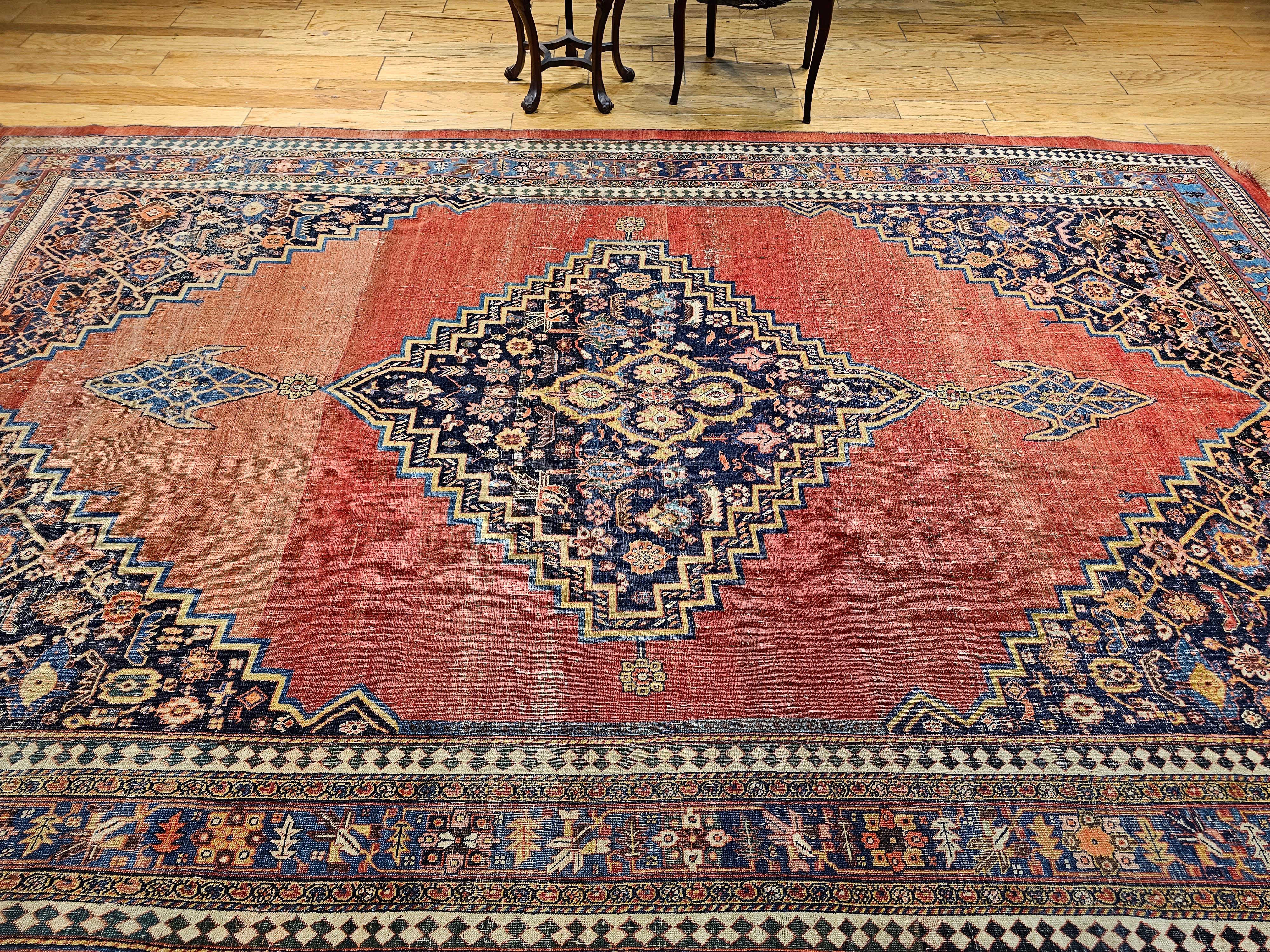 19th Century Vintage Persian Bidjar Room Size Rug in Red, French Blue, Yellow For Sale 9